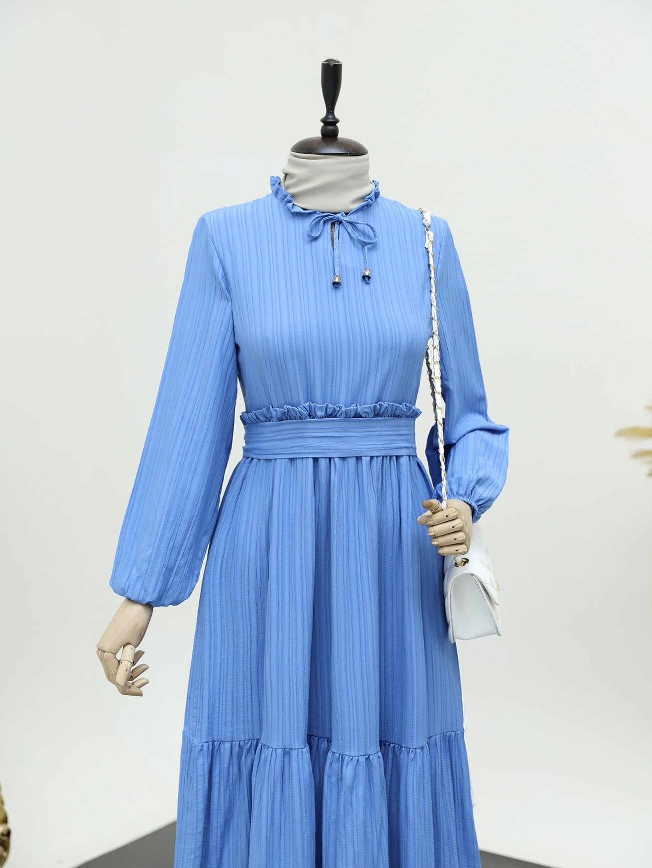 Ruffled Mock Neck Tiered Gofre Dress in Blue - Podyumplus - by Peralane - photo 4