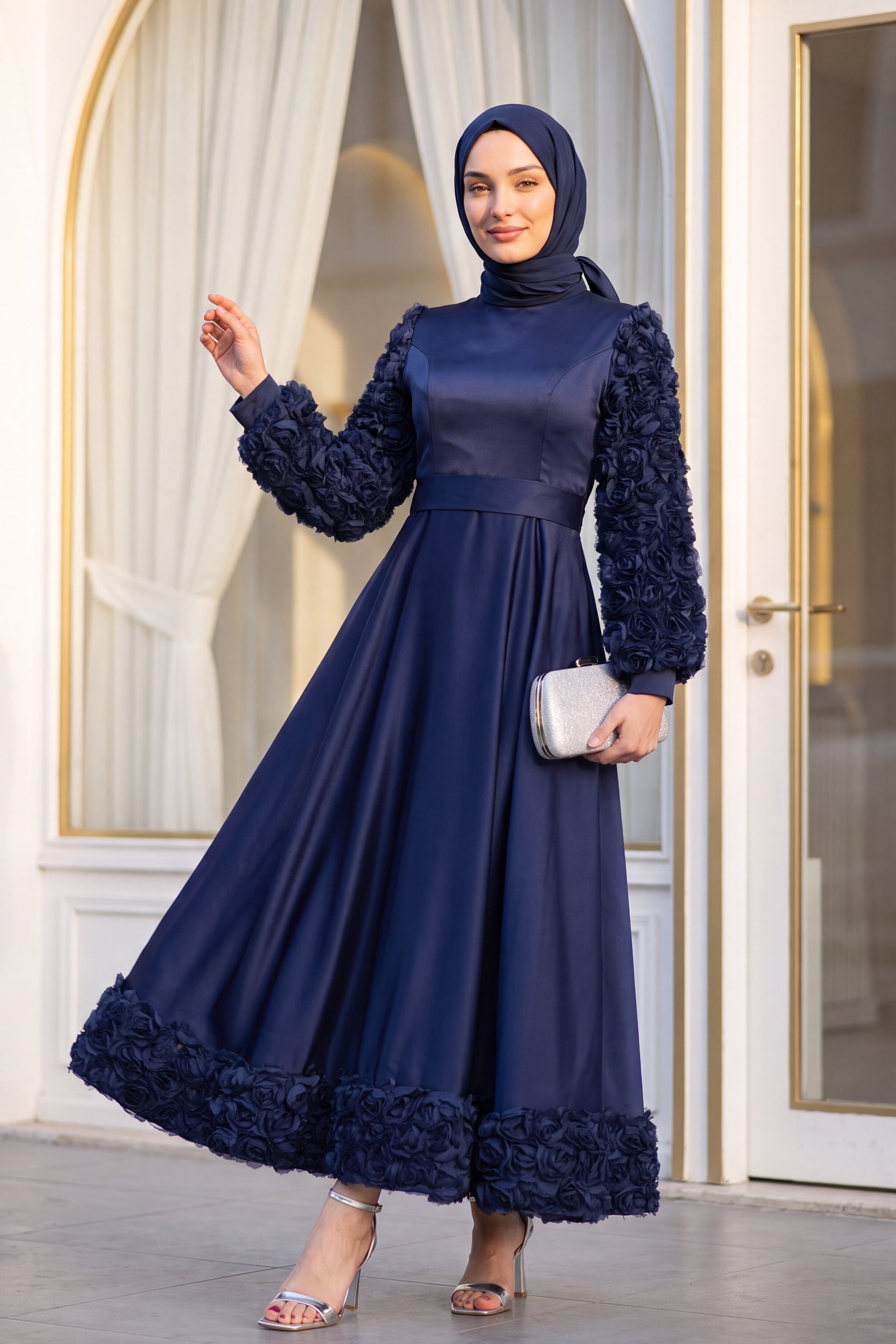 Navy Blue Rose Detail Satin Formal Dress - Podyumplus - by Peralane - photo 2