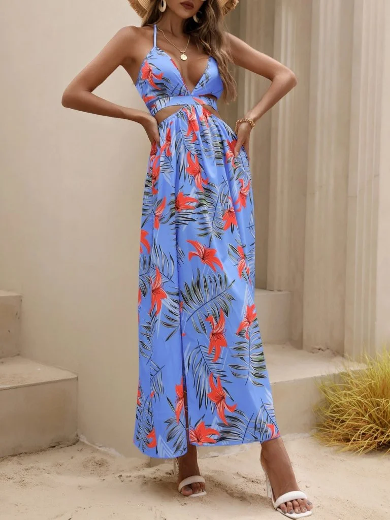 Women's Halter Neck V-Neck Slit Maxi Dress with Tropical Print - Janes - by Peralane - photo 3