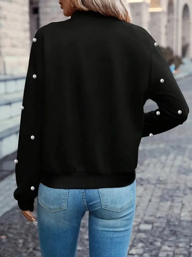 Women's Black Pearl Embellished Zip-Front Bomber Jacket - Janes - by Peralane - photo 4