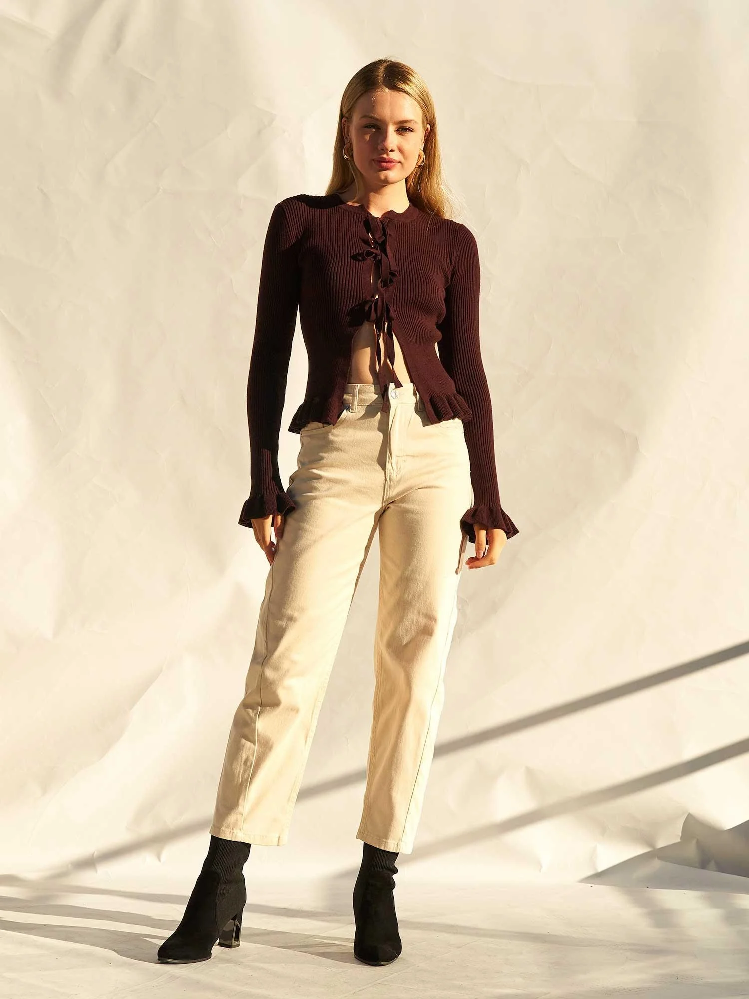 Women's Ribbed Knit Cardigan with Tie Front - Lefon - by Peralane