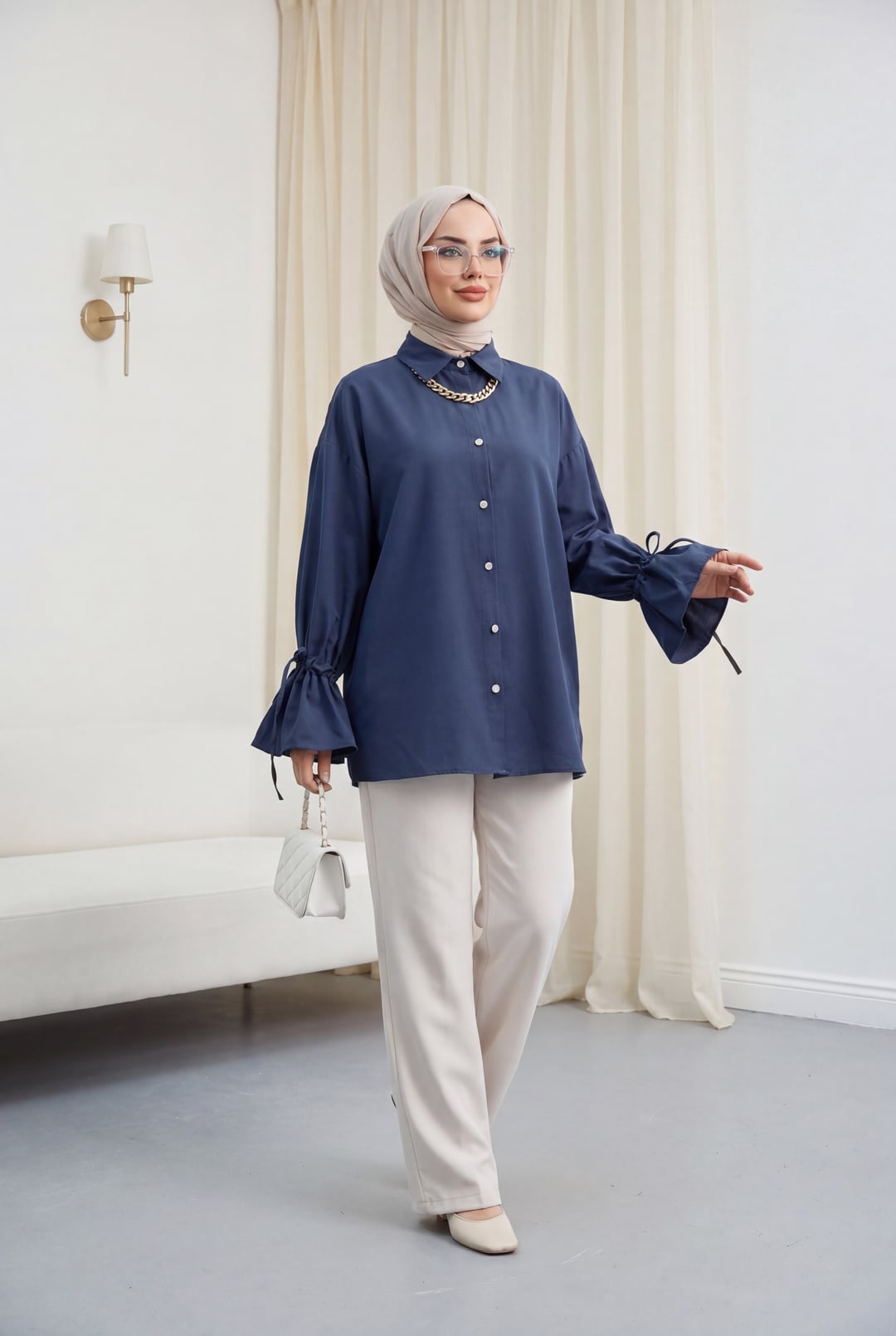 Navy Blue Long-Sleeved Blouse with Gathered Cuffs and Pleated Back - Podyumplus - by Peralane - photo 2