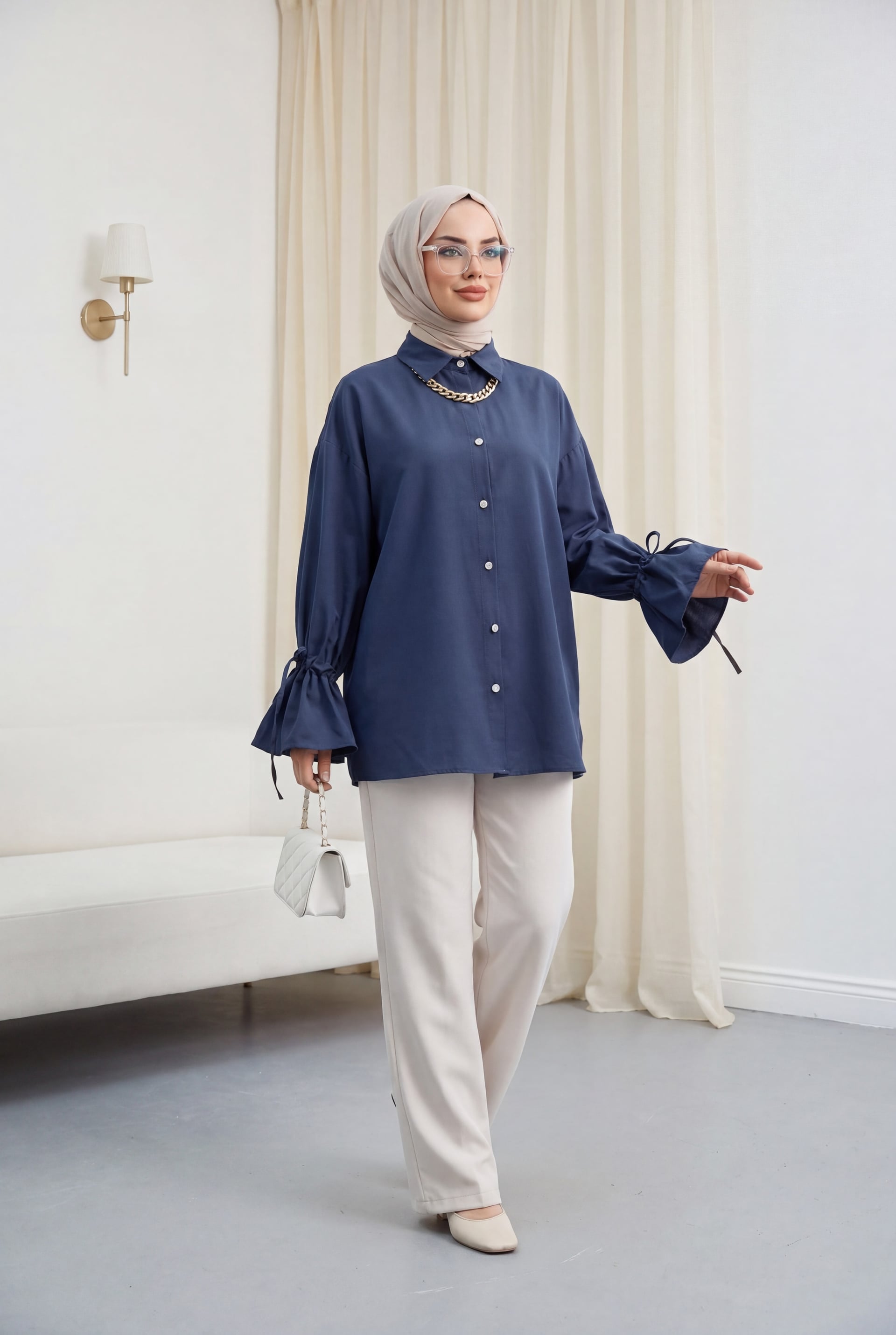 Navy Blue Long-Sleeved Blouse with Gathered Cuffs and Pleated Back - Podyumplus - by Peralane - photo 2