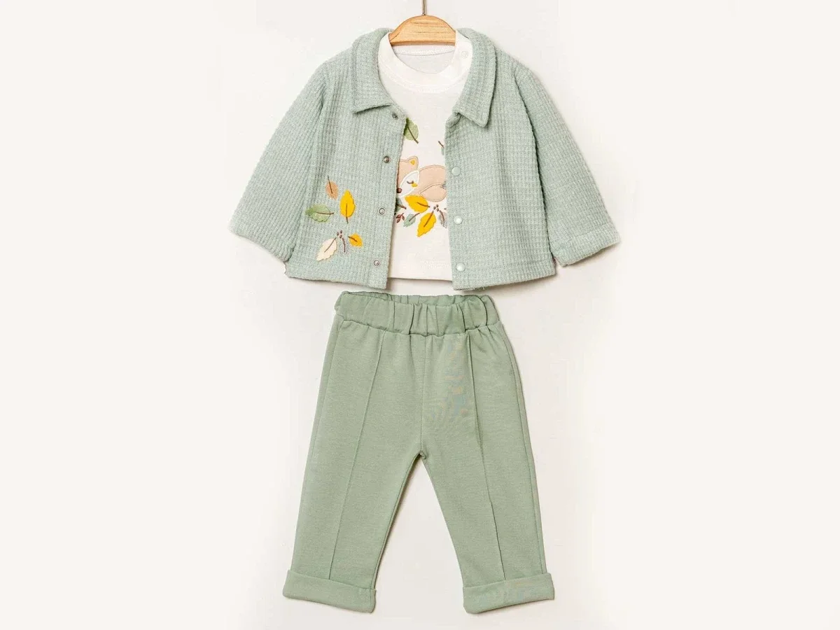 Leaf Printed Baby Boy 3-Piece Set - Sage Green - Elci Baby - by Peralane
