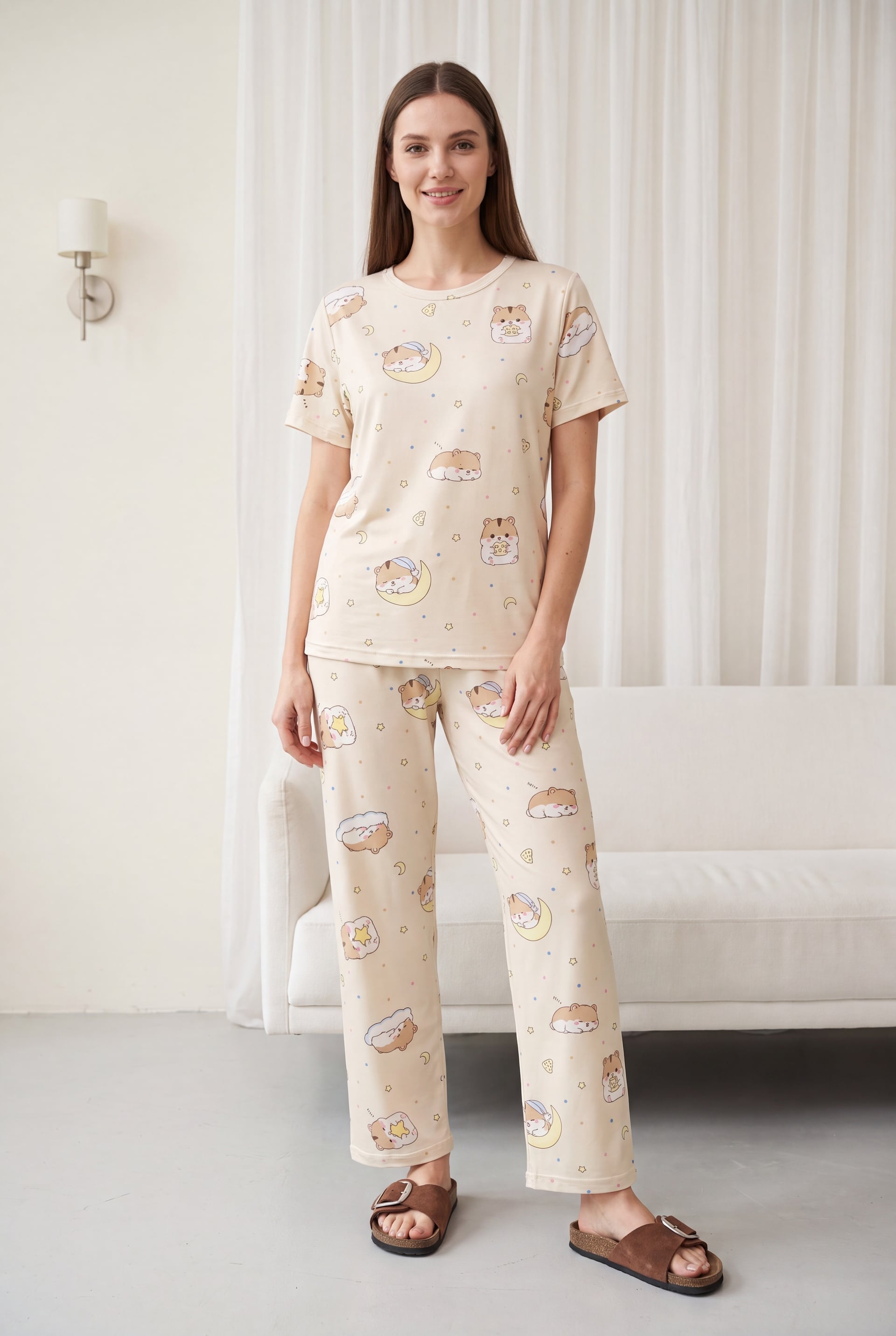 Mixed Figure Print Crew Neck Short Sleeve Knit Pyjama Set - Cream - Podyumplus - by Peralane
