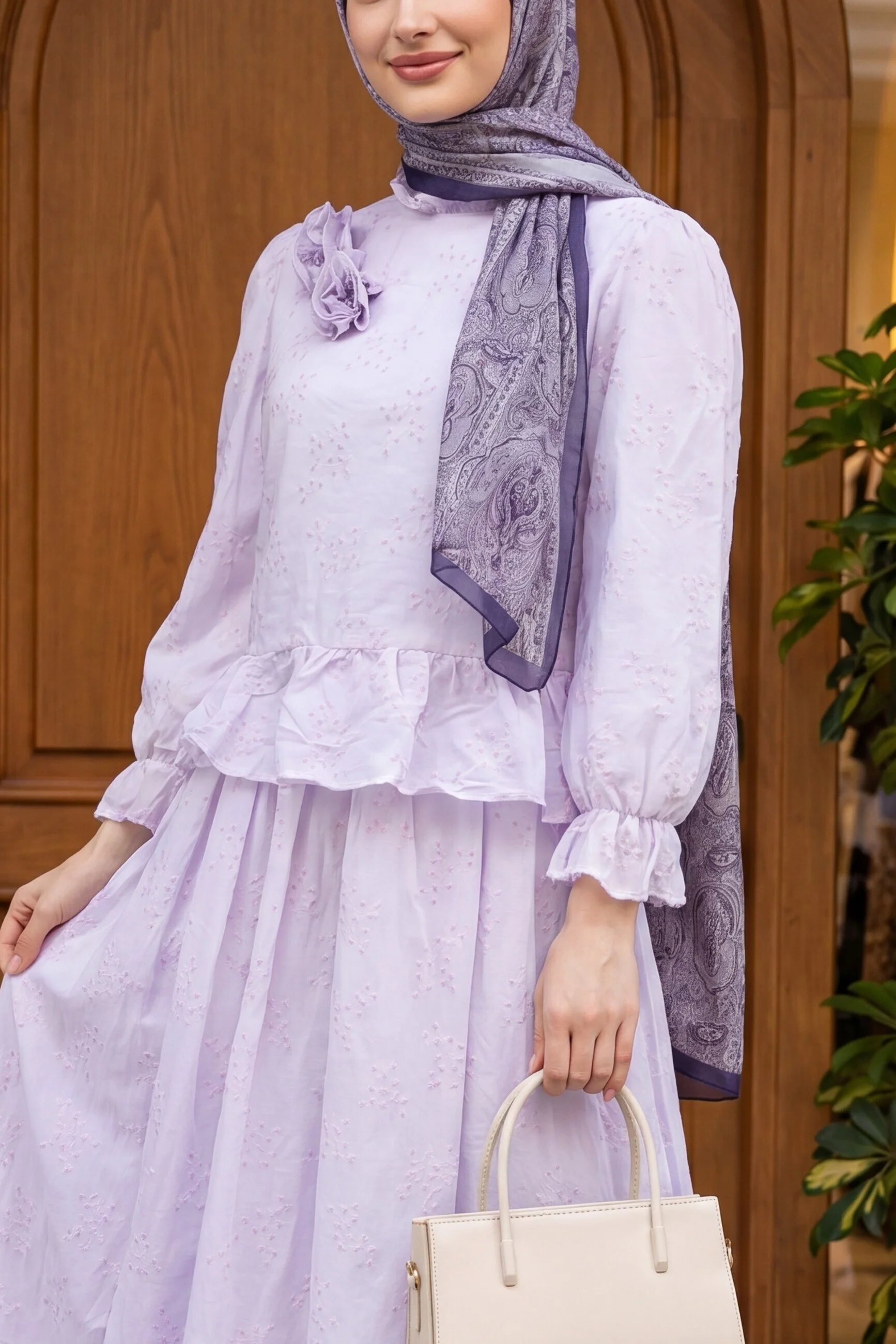 Lilac Floral Embroidered Voile Two-Piece Set with Peplum Top and Long Skirt - Podyumplus - by Peralane - photo 4
