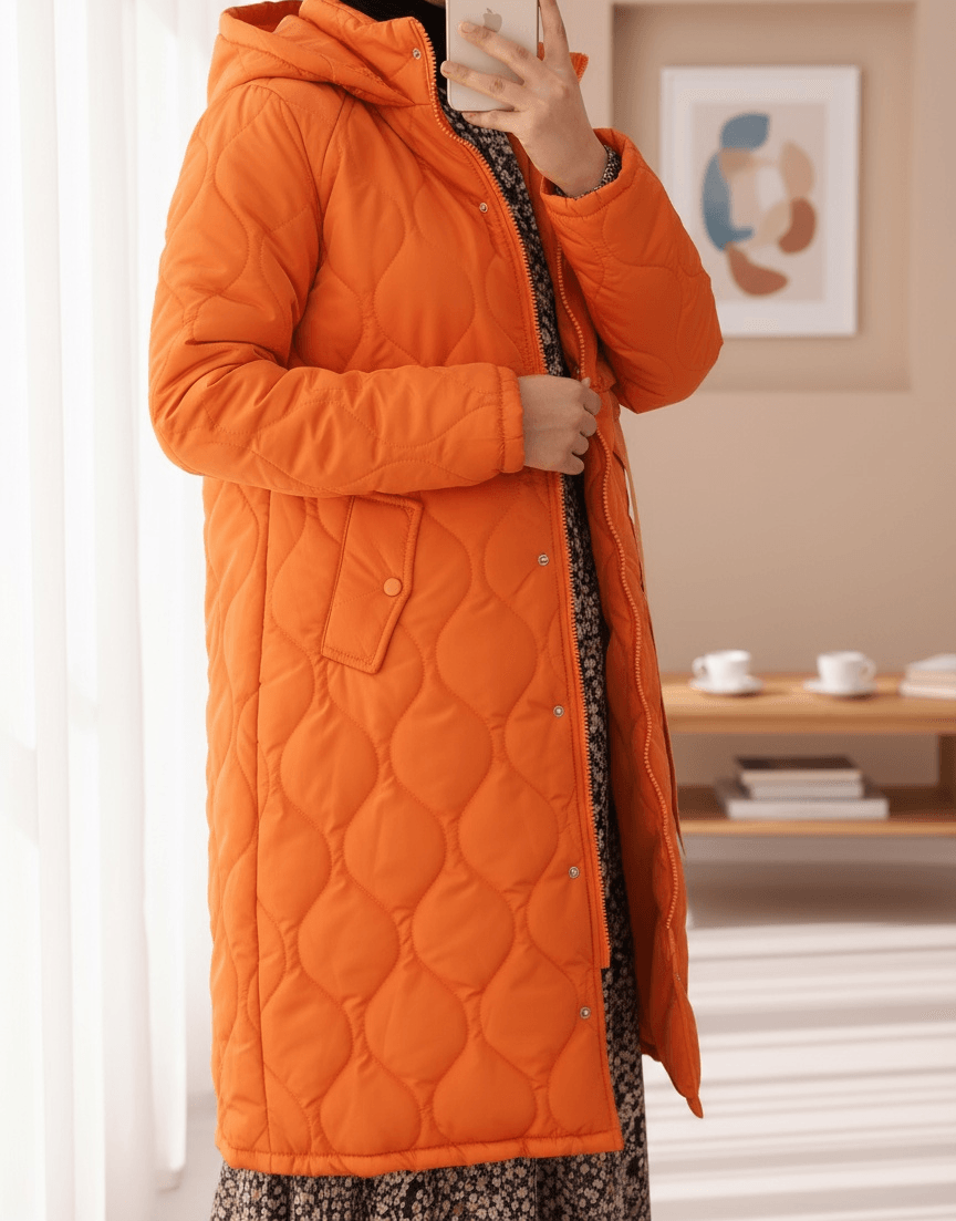 Women's Quilted Hooded Coat with Belt and Pockets - Orange - Podyumplus - by Peralane