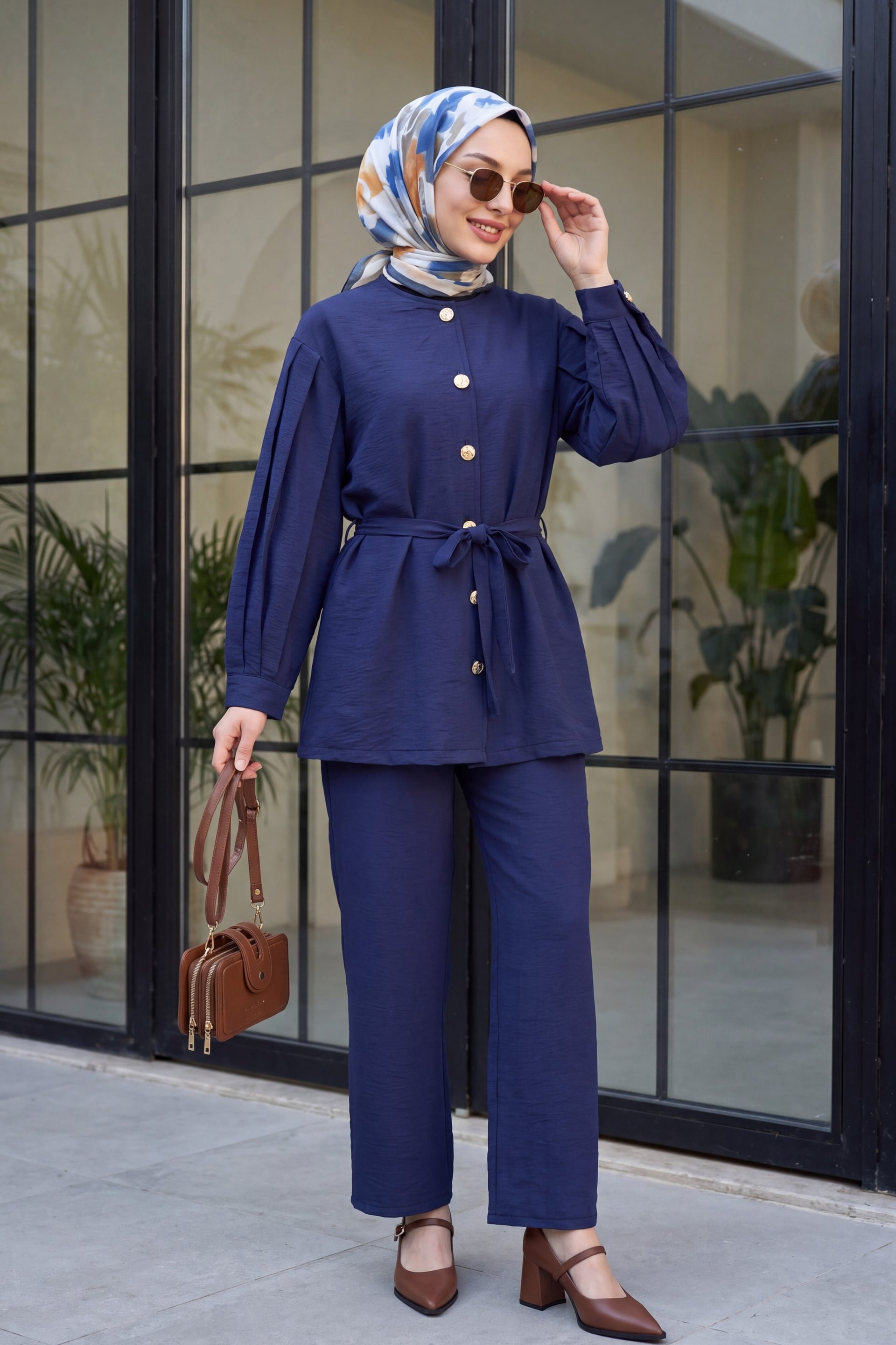 Navy Blue Watermelon Sleeve Belted Tunic and Wide-Leg Trousers Two-Piece Set - Podyumplus - by Peralane - photo 2