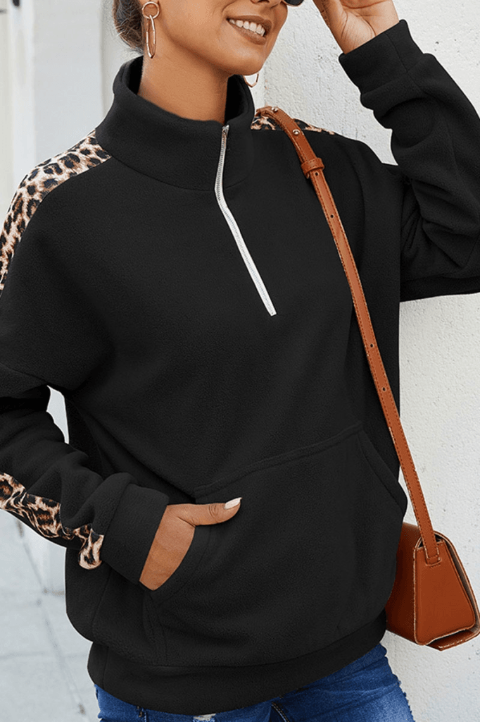 Women's Long Sleeve High Neck Quarter-Zip Fleece Blouse with Leopard Print Panels - Janes - by Peralane - photo 3