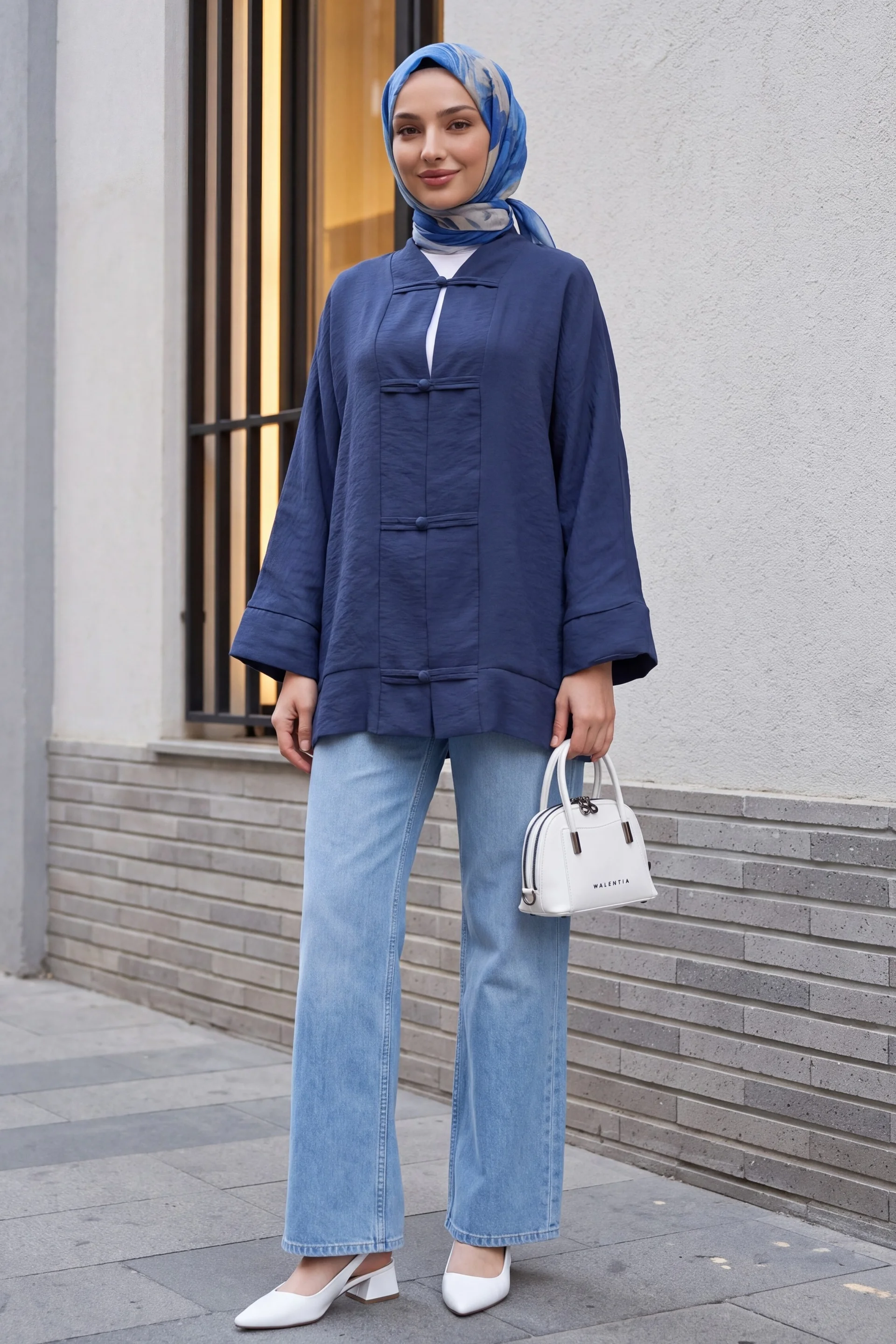 Bias-Button V-Neck Organza Voile Oversize Kimono - Navy - Podyumplus - by Peralane - photo 4