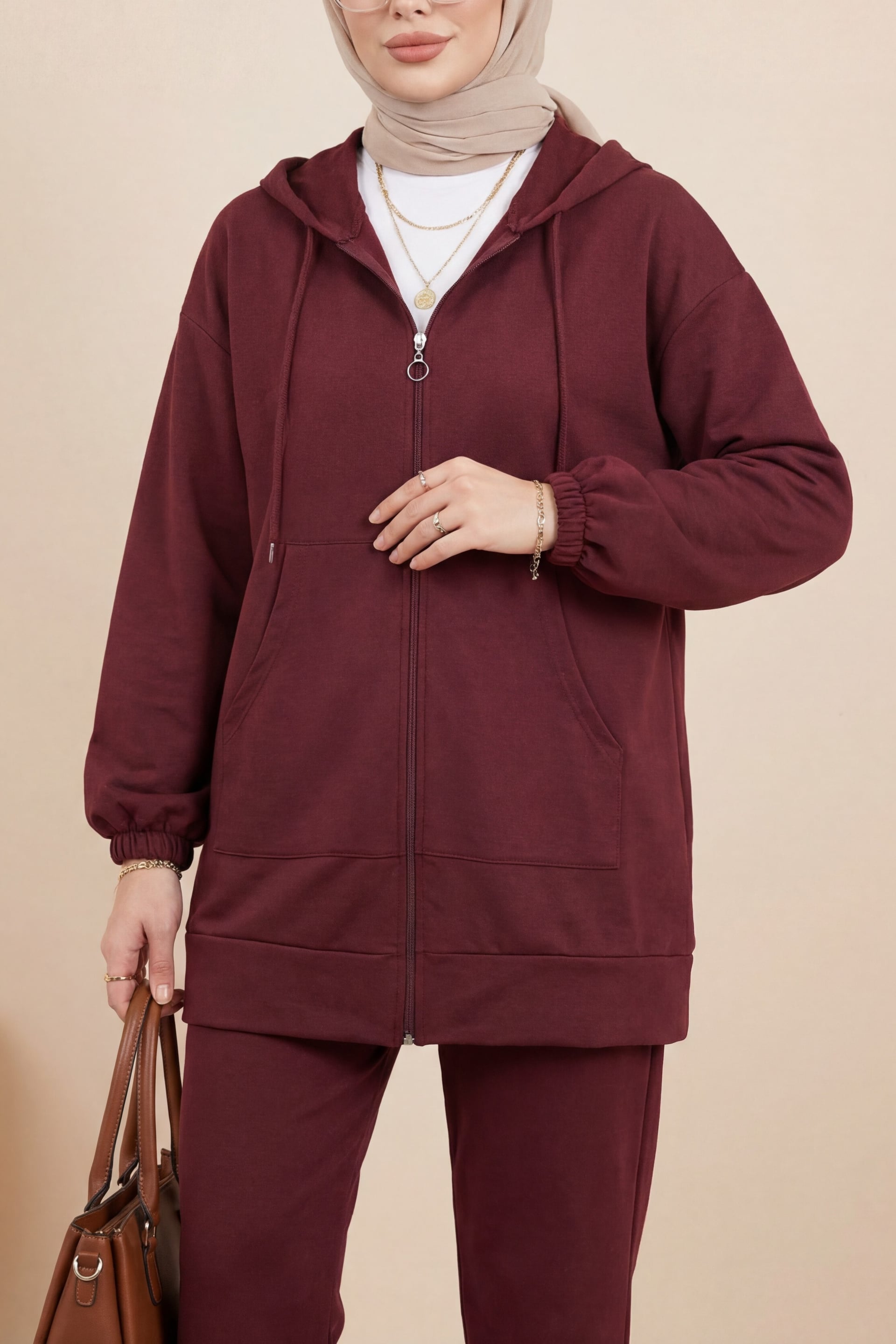 Zip-Up Hooded Lounge Set - Burgundy - Podyumplus - by Peralane - photo 2
