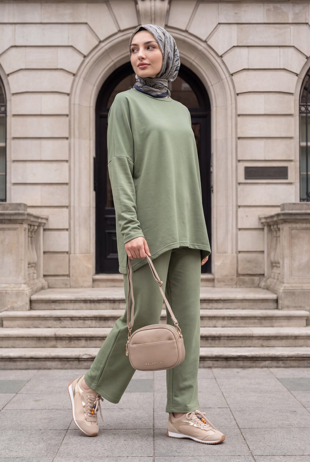 Round Neck Back-Length Pocket Oversize Stretch Knit Two-Piece Set - Olive Green - Podyumplus - by Peralane