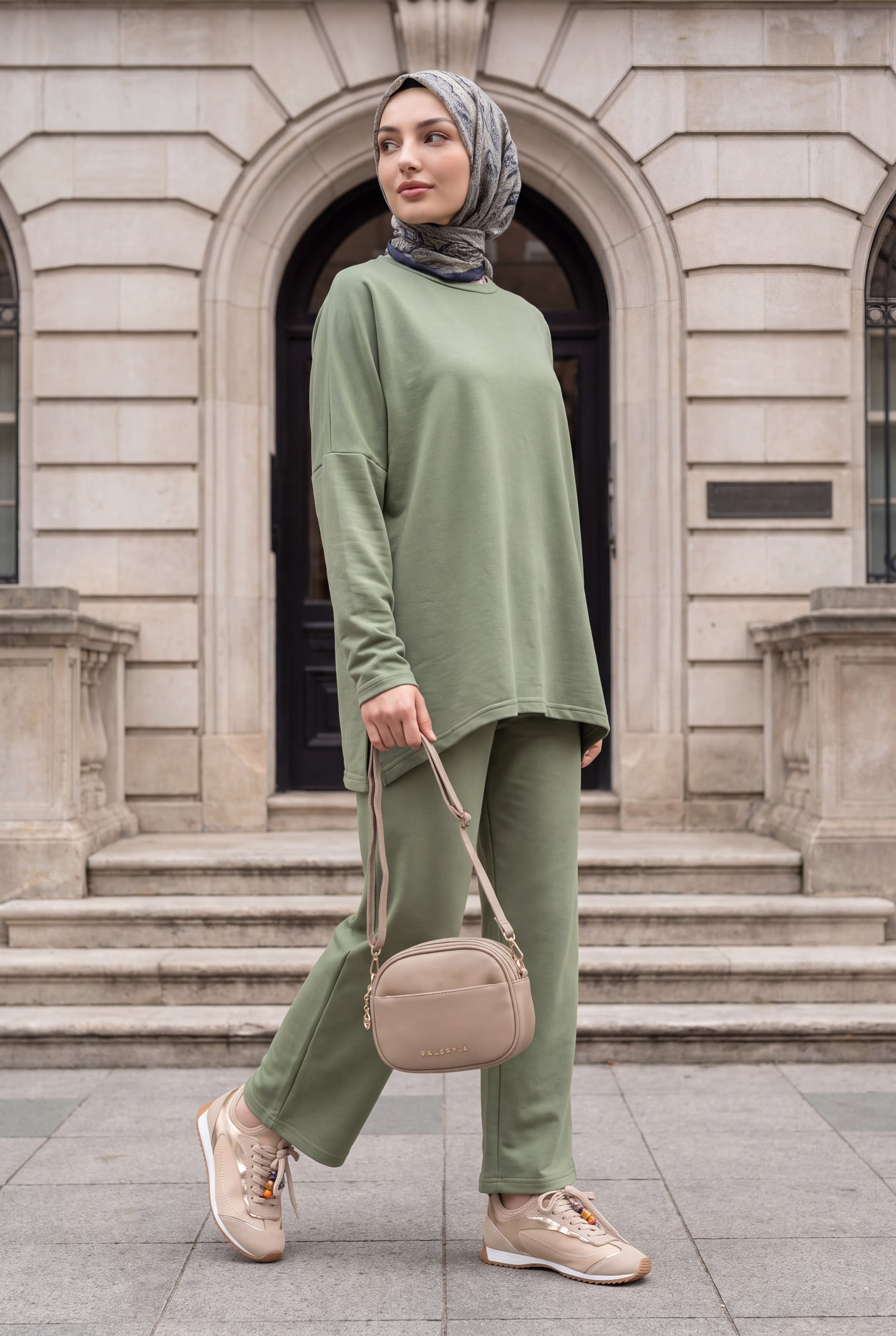 Round Neck Back-Length Pocket Oversize Stretch Knit Two-Piece Set - Olive Green - Podyumplus - by Peralane
