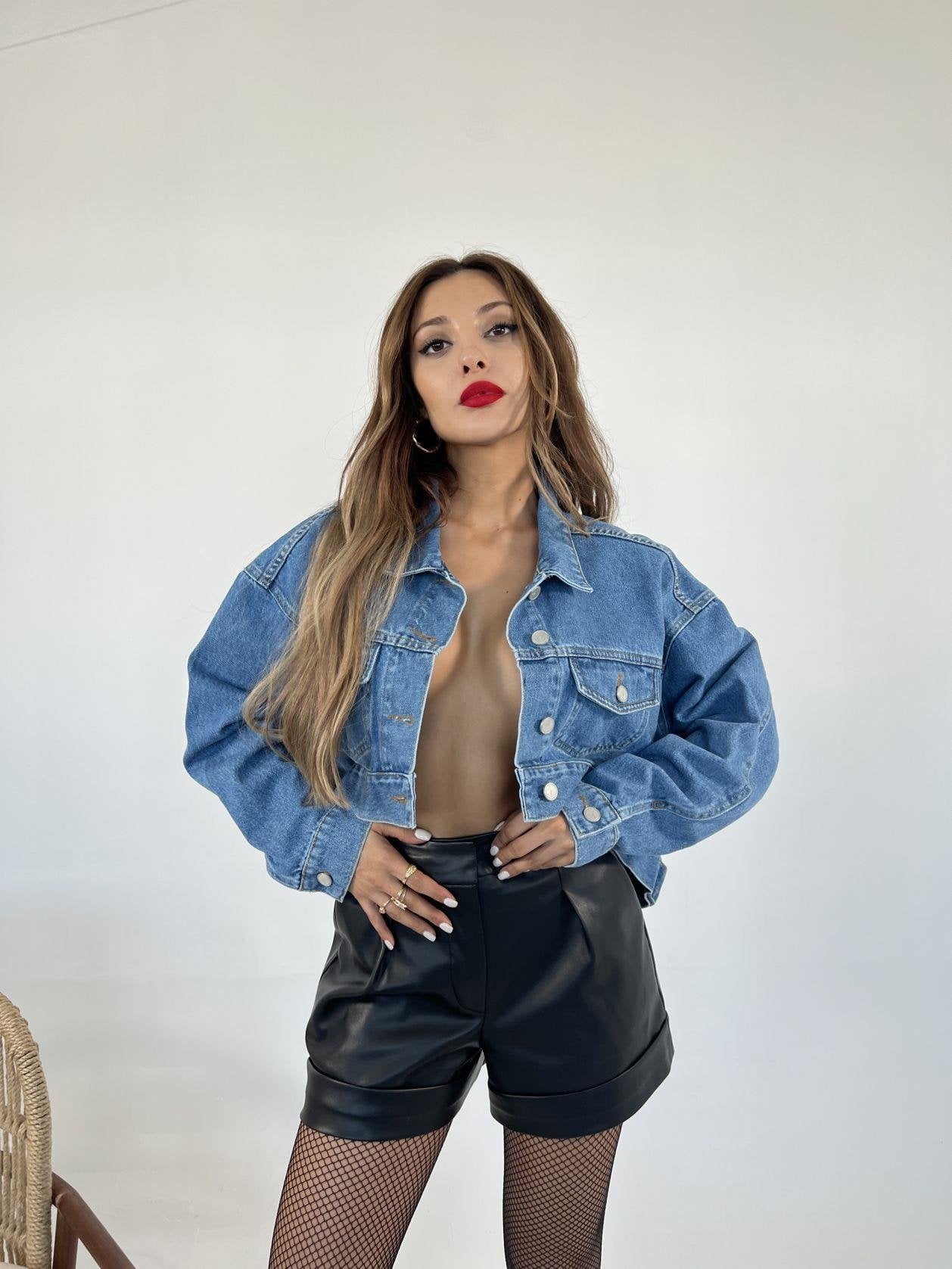 Women's Cropped Denim Jacket in Blue - Fame - by Peralane