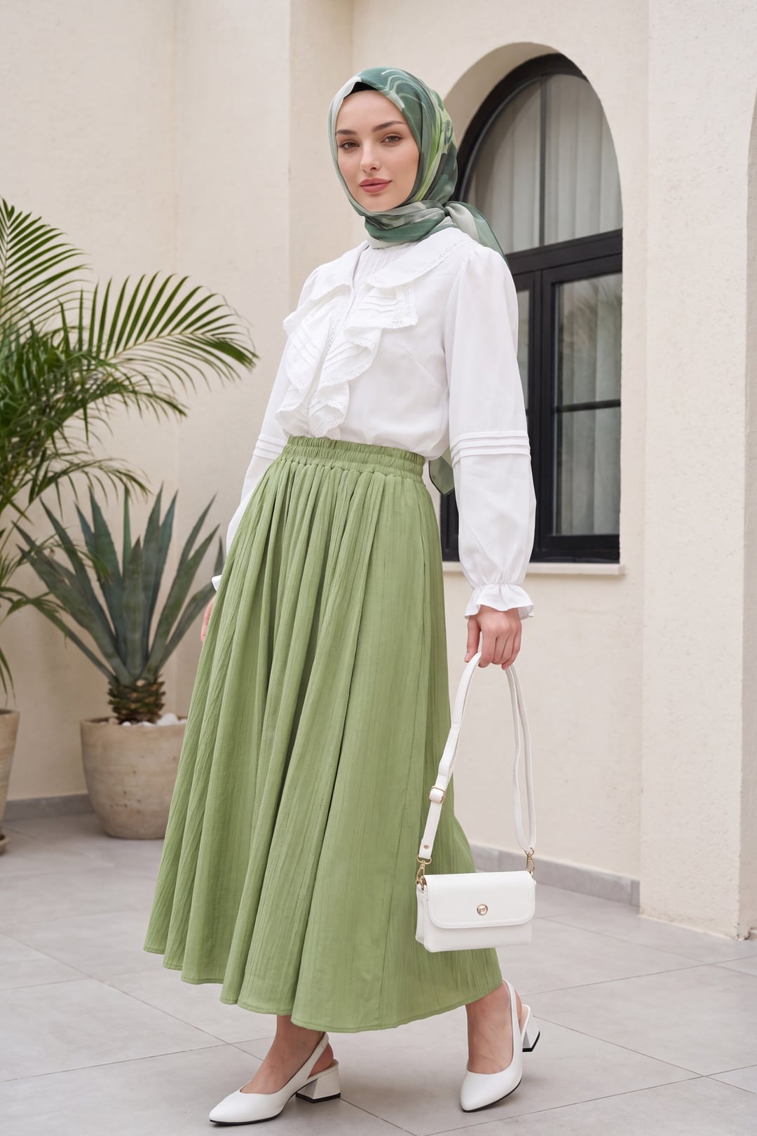 White Ruffled Trim Blouse with Pleated Skirt Set - Podyumplus - by Peralane - photo 4