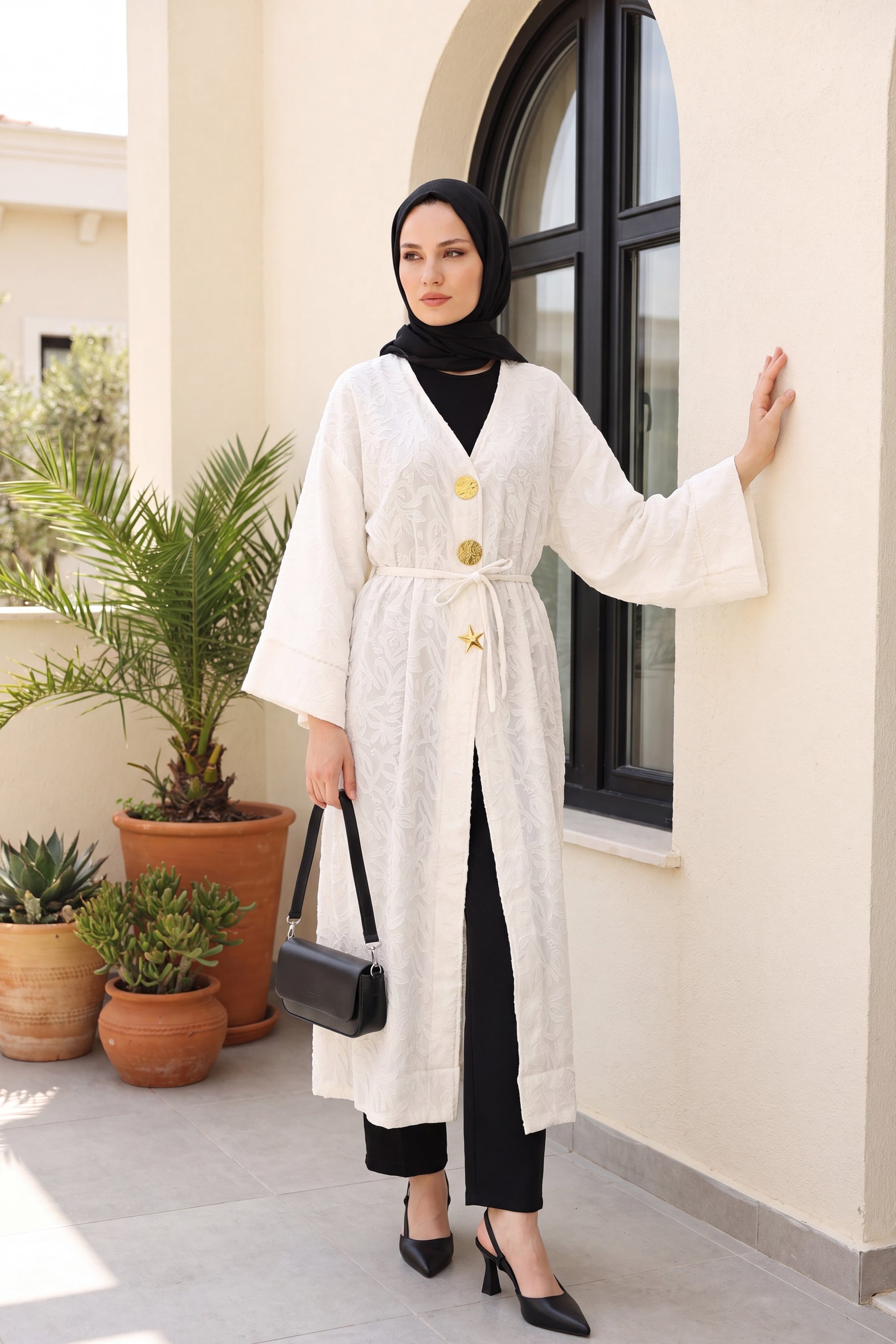 Wide Sleeve Tie Waist Brooch Jacquard Long Kimono - Ecru - Podyumplus - by Peralane
