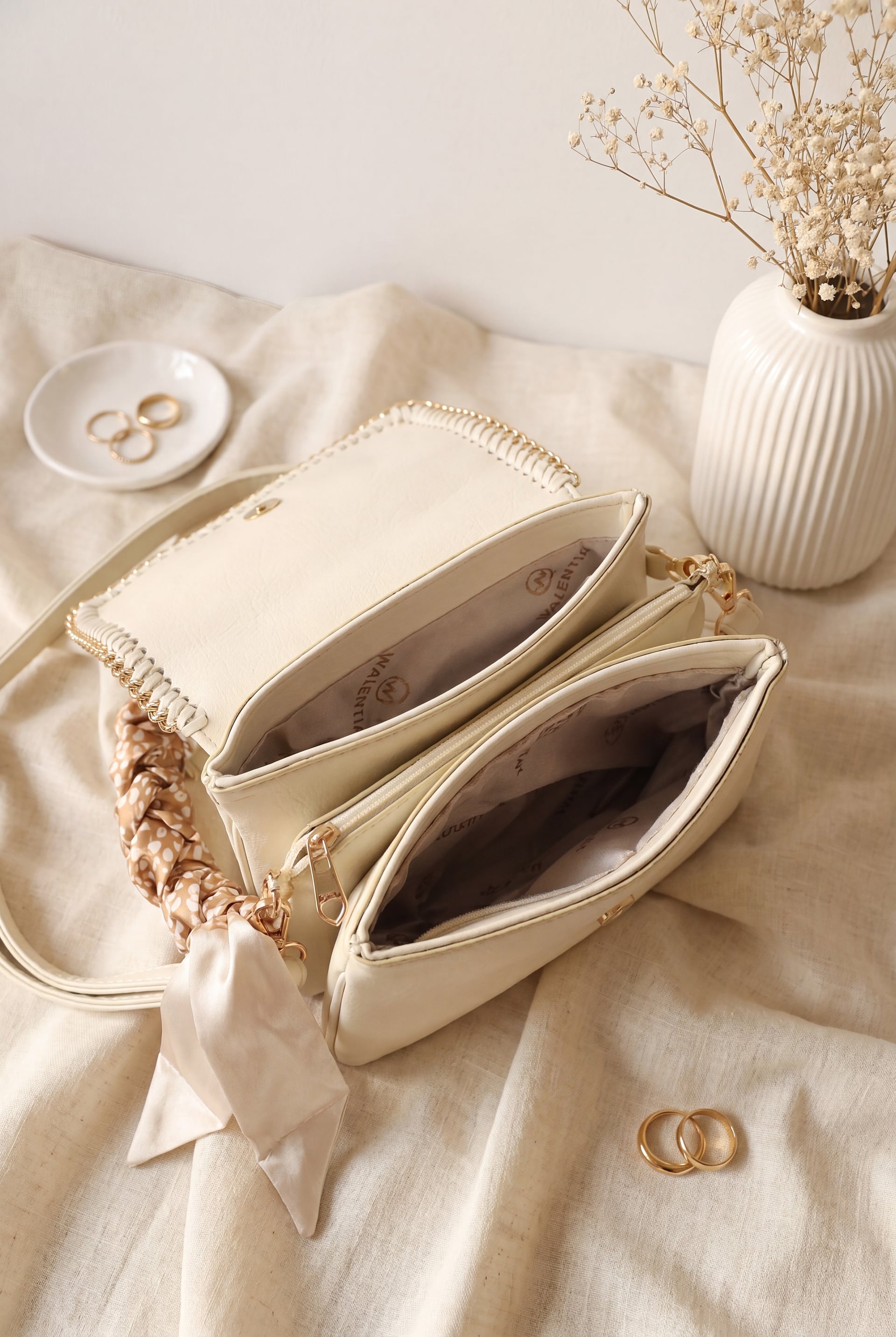 Beige Crossbody Bag with Chain Trim and Scarf Detail - Podyumplus - by Peralane - photo 2