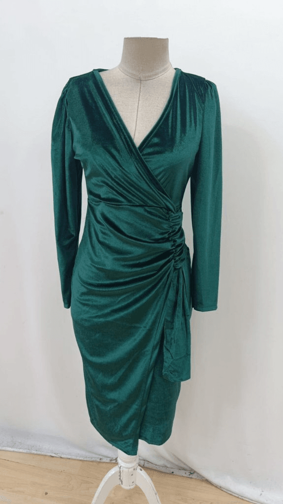 Women's Long Sleeve Wrap V-Neck Side Ruched Midi Velvet Dress - Janes - by Peralane - photo 5