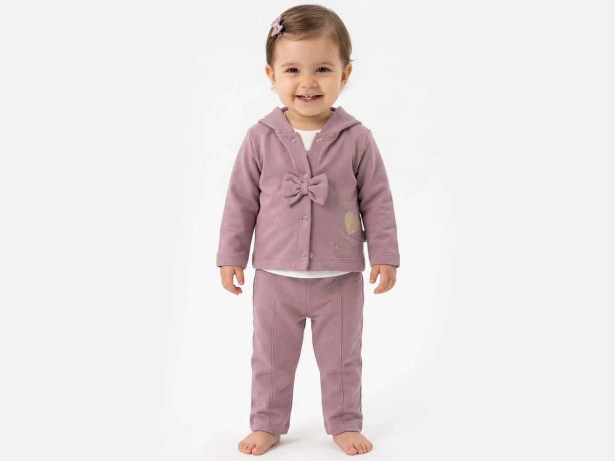 Girls' Hooded Jacket and Trousers Set with Heart Motif – Lavender - Elci Baby - by Peralane