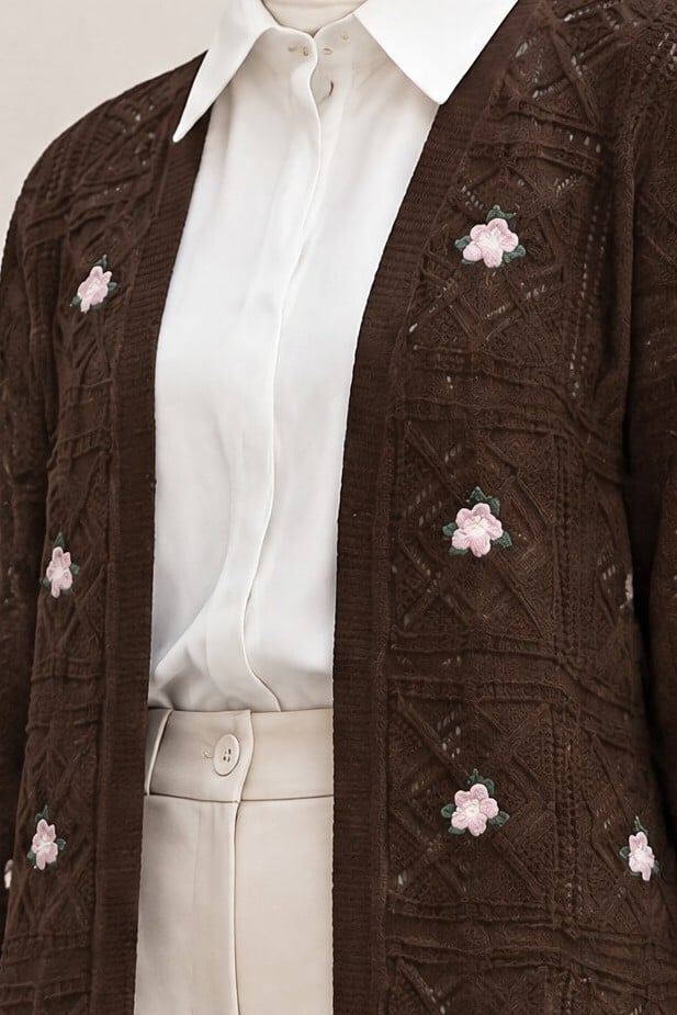 Brown Cable Knit Cardigan with Floral Embroidery - Podyumplus - by Peralane - photo 8