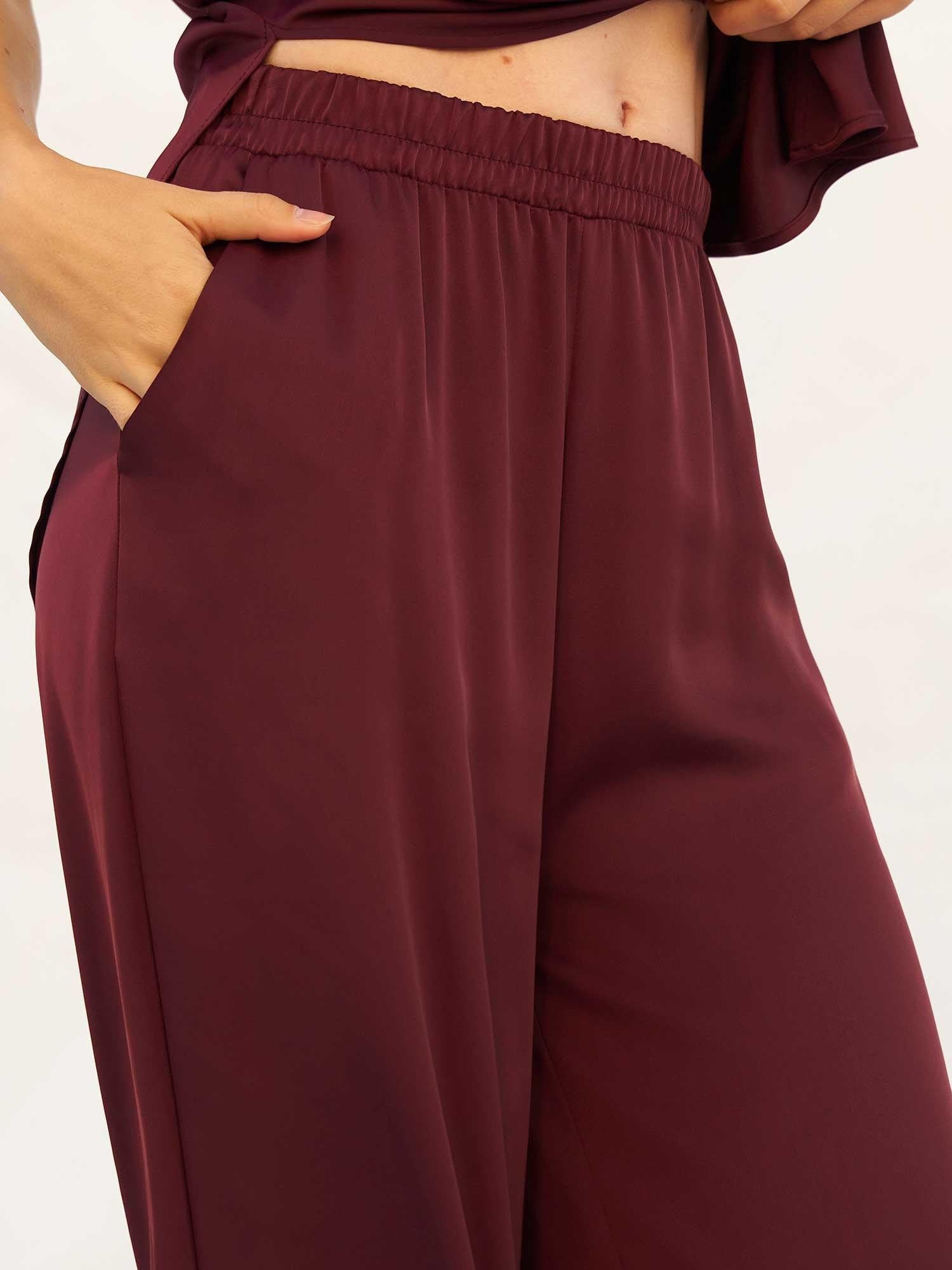 Lace Trim Asymmetric Satin Blouse and Wide-Leg Trousers Set in Burgundy - Lefon - by Peralane - photo 6