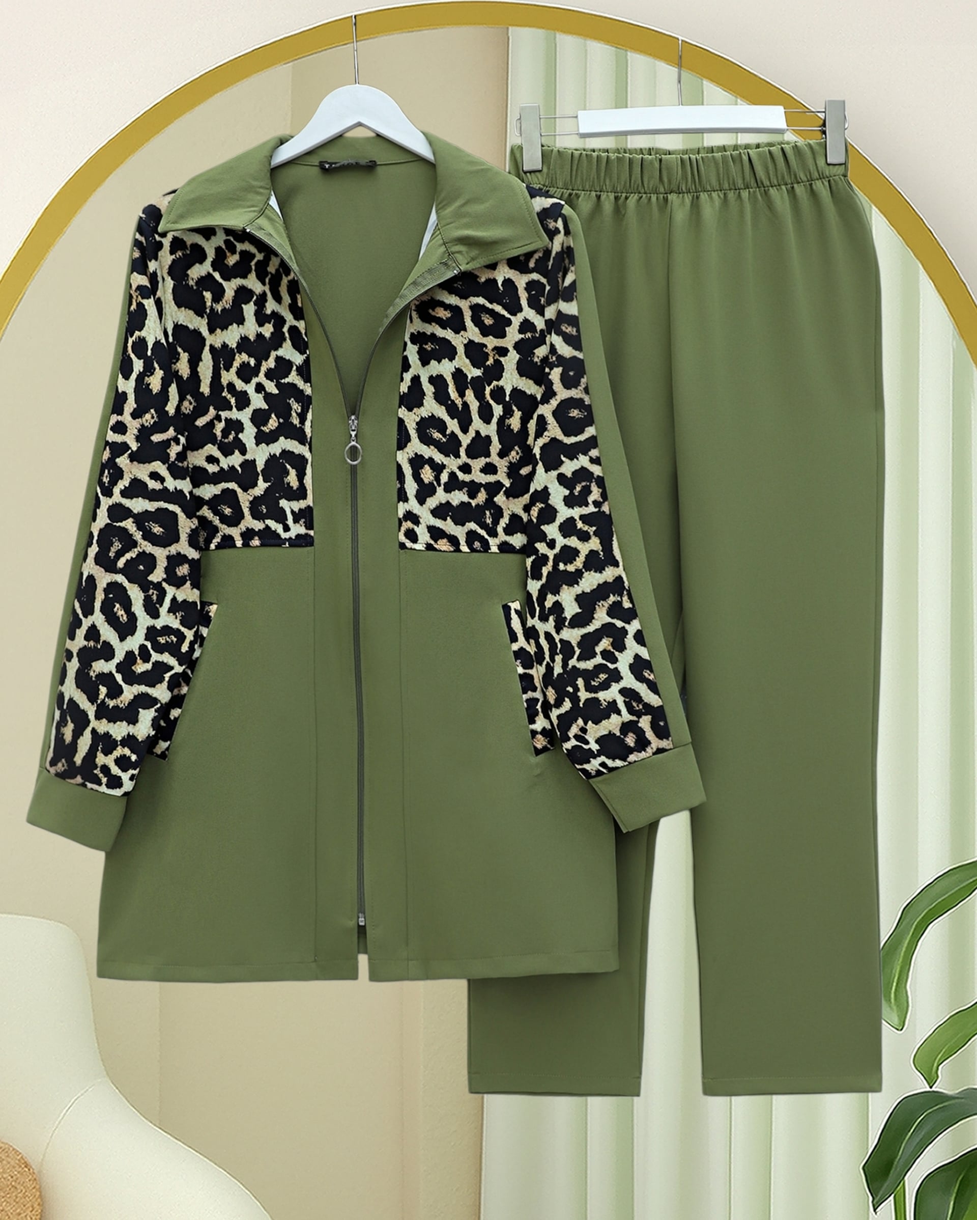 Shirt Collar Full-Zip Trousers Set - Olive Green - Podyumplus - by Peralane - photo 3