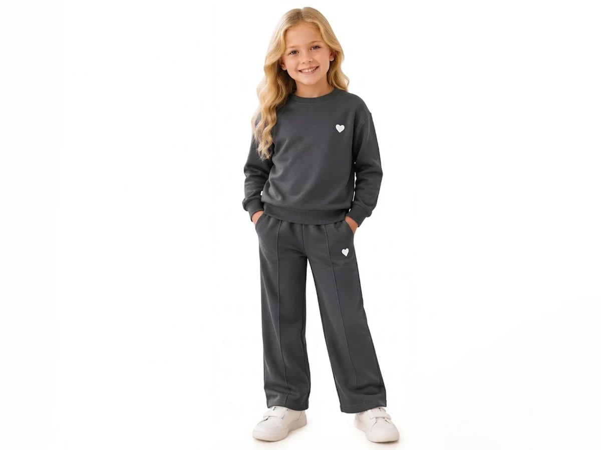 Girls' Heart Print Sweatshirt and Trousers Set - Dark Grey - Palm Life - by Peralane