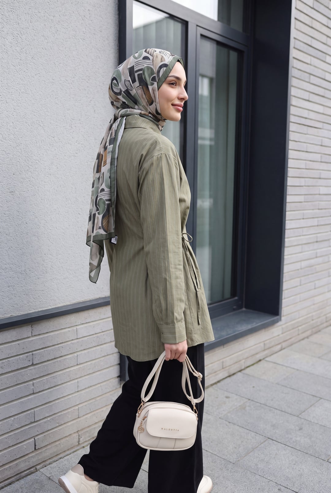 Striped Modal Tunic with Side Lacing and Buttons - Olive Green - Podyumplus - by Peralane - photo 4