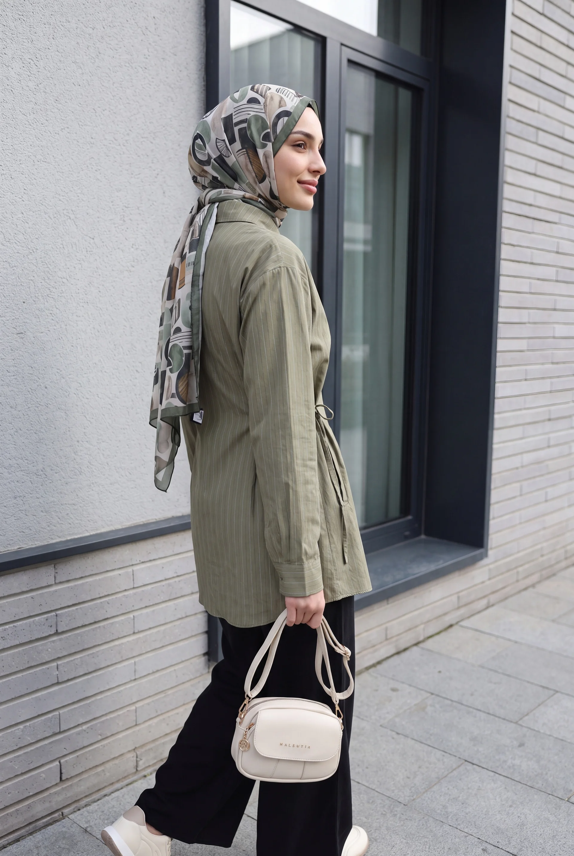 Striped Modal Tunic with Side Lacing and Buttons - Olive Green - Podyumplus - by Peralane - photo 4