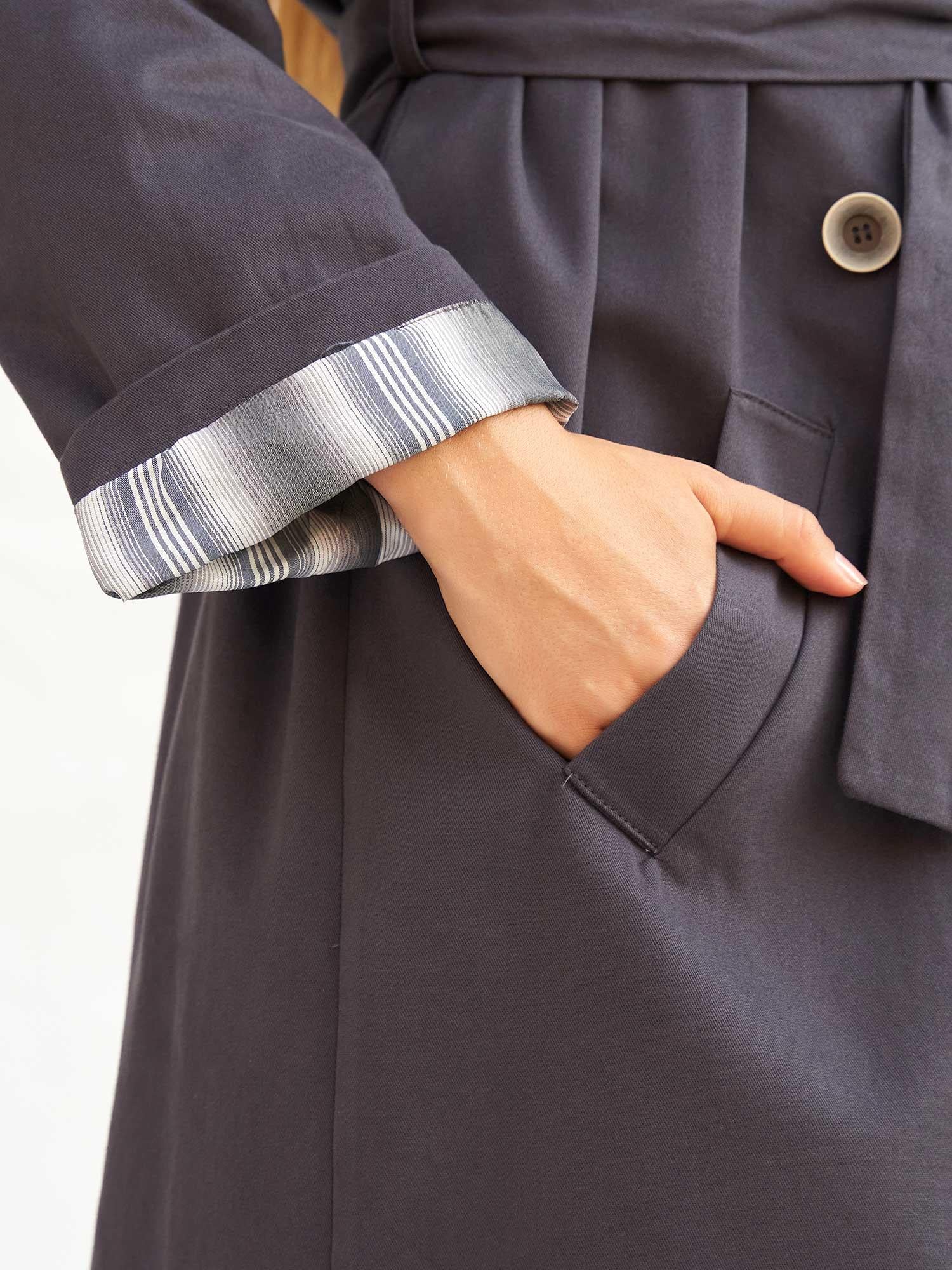 Belted Double-Breasted Long Trench Coat in Dark Grey - Lefon - by Peralane - photo 8