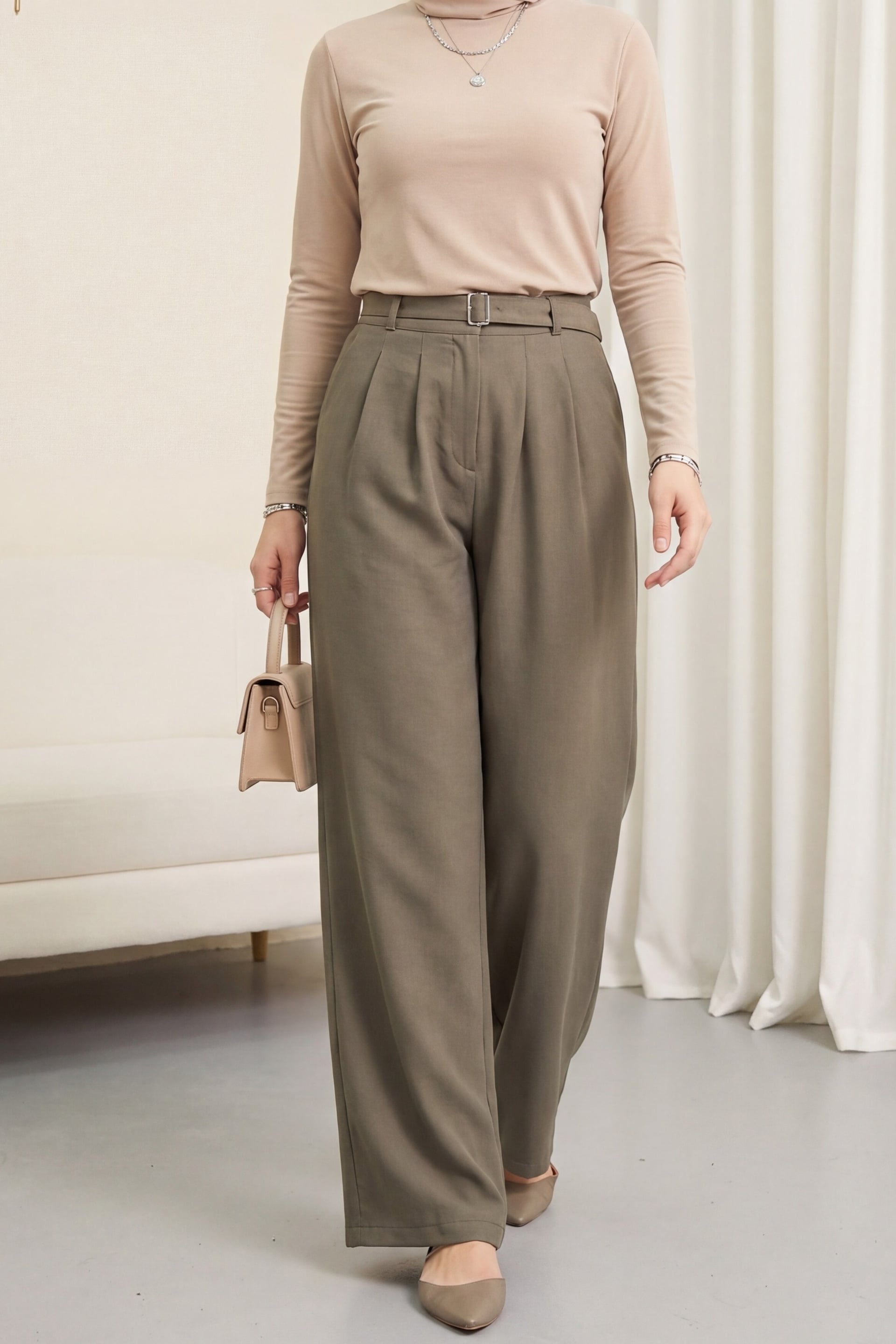 Tensel Cupro Wide-Leg Trousers with Elastic Waistband Belt - Olive Green - Podyumplus - by Peralane