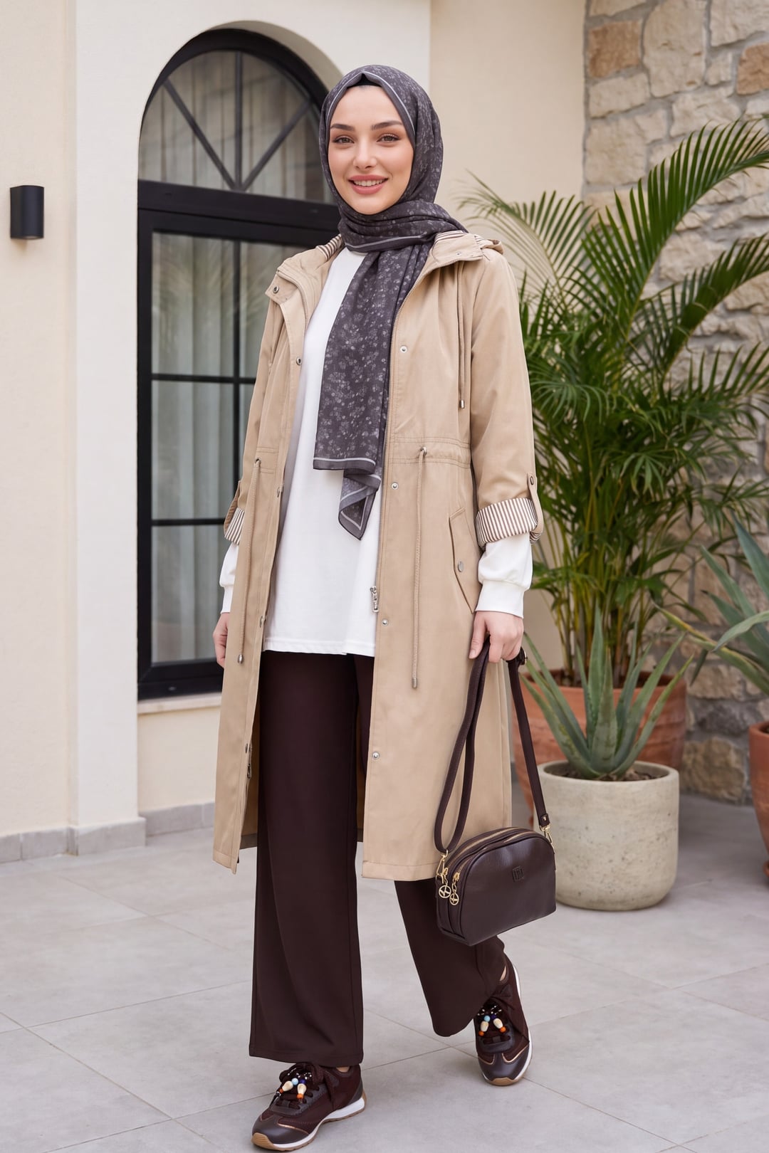 Beige Hooded Lined Trench Coat with Removable Hood and Striped Cuffs - Podyumplus - by Peralane - photo 3