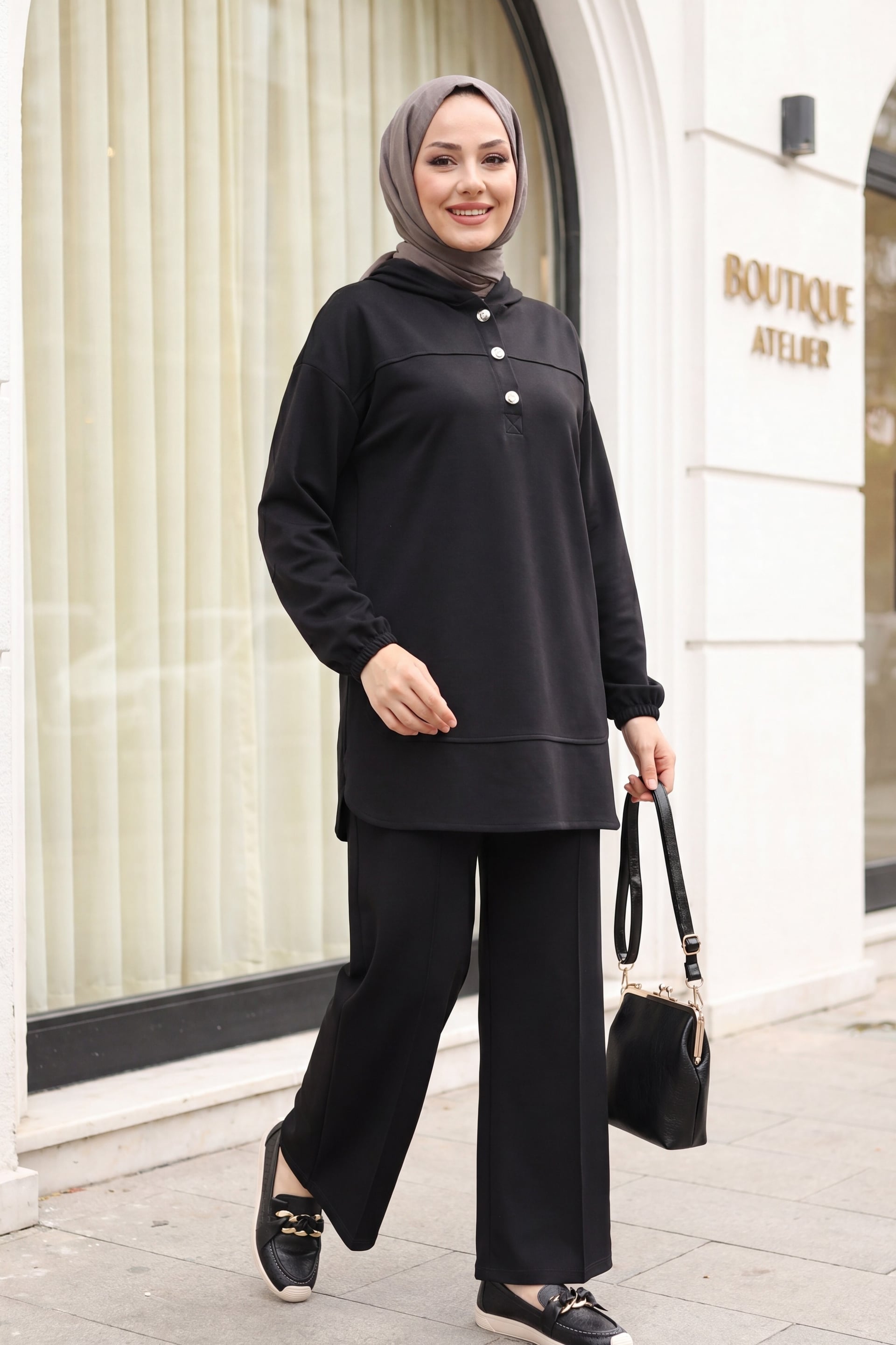 Hooded Half-Button Top and Pocket Wide-Leg Trousers Two-Piece Set in Black - Podyumplus - by Peralane - photo 3