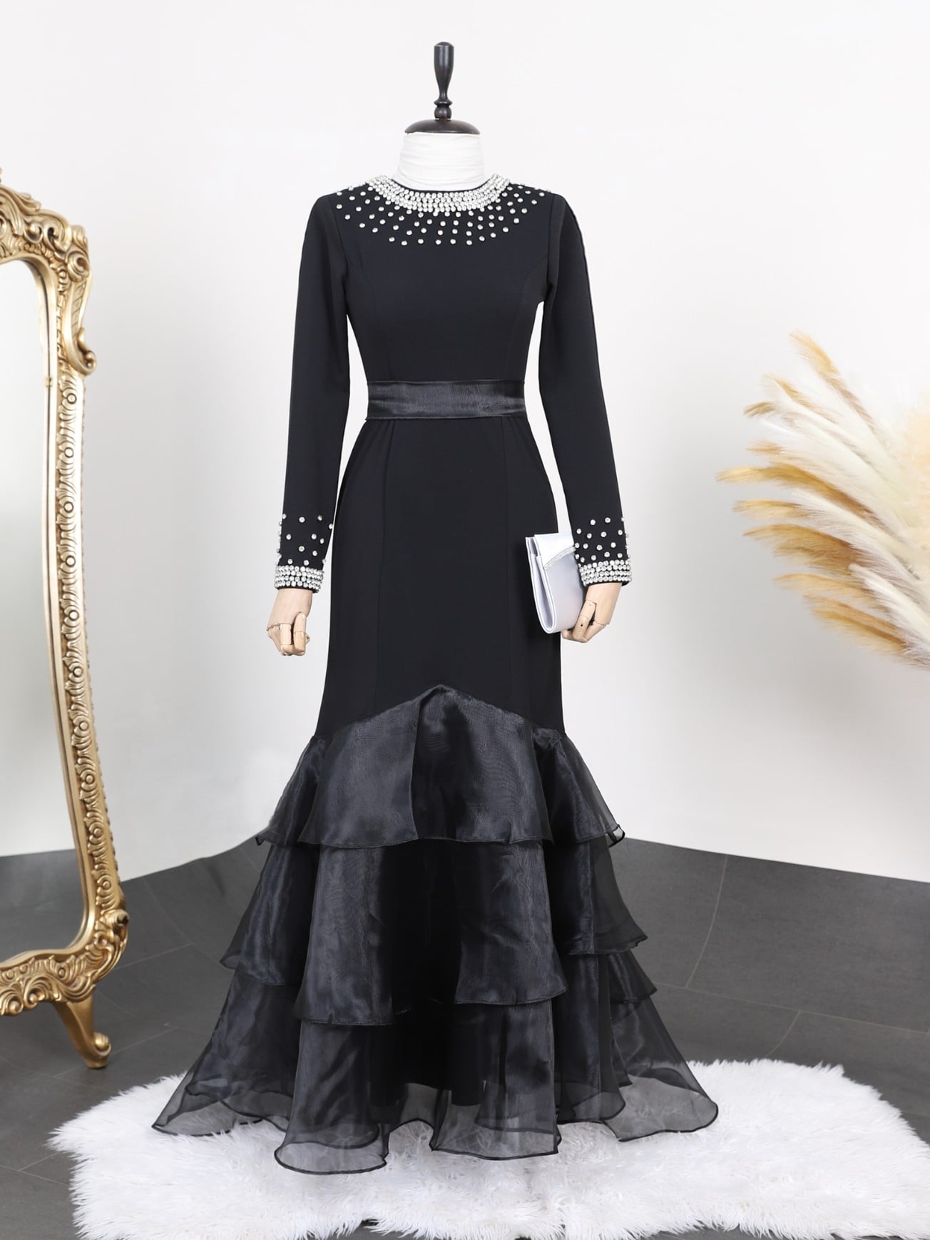 Black Tiered Organza Formal Dress with Pearl and Rhinestone Embellished Neckline and Cuffs - Podyumplus - by Peralane - photo 3