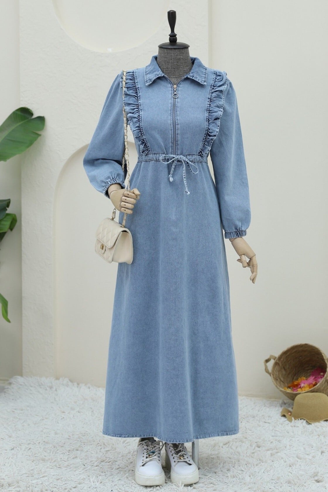 Half Zip Tunnel Lace Denim Dress - Ice Blue - Podyumplus - by Peralane - photo 3