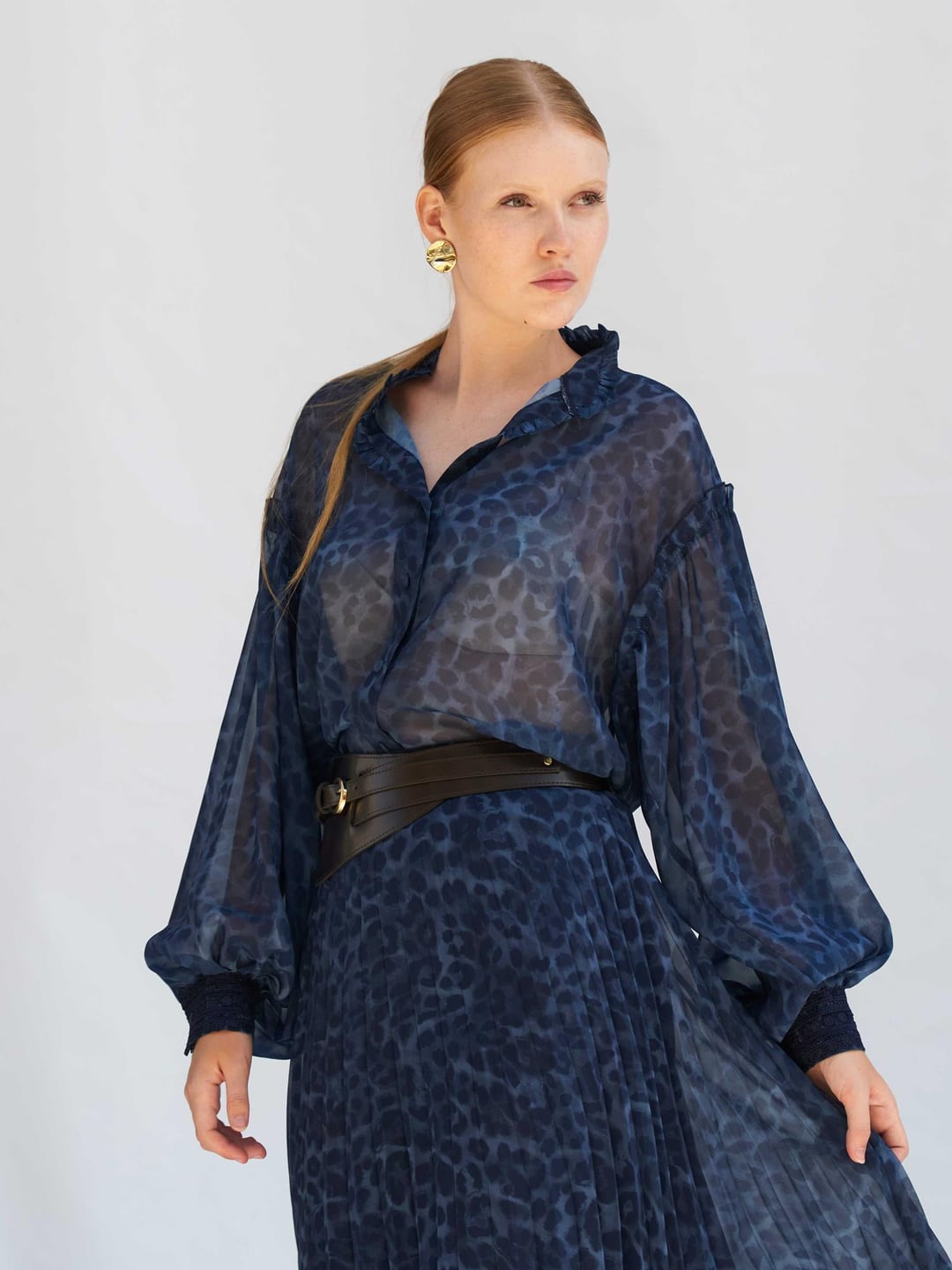 Dark Blue Leopard Print Chiffon Blouse with Lace Cuffs - Lefon - by Peralane - photo 6