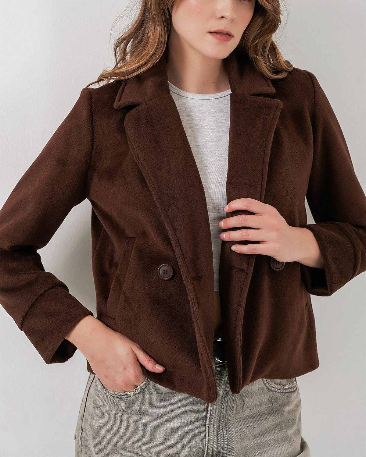 Women's Double-Breasted Wool-Blend Jacket - Brown - Wholeskop - by Peralane - photo 6