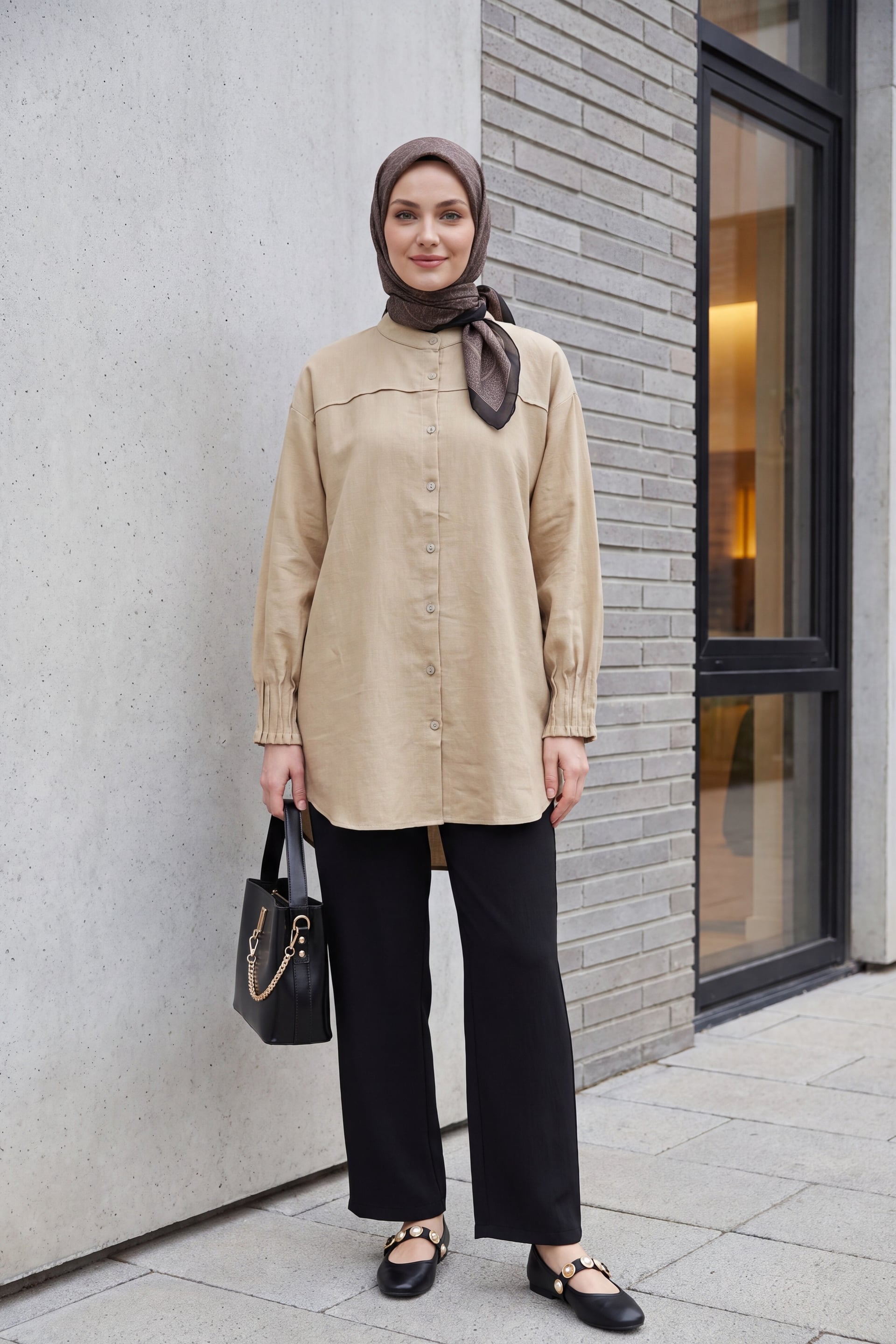 Oversize Beige Tunic Shirt with Band Collar and Pleated Cuffs - Podyumplus - by Peralane - photo 6