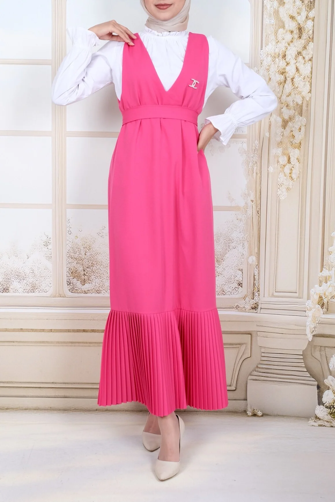 Pleated Skirt Belted Jumper Dress in Fuchsia with White Blouse - Podyumplus - by Peralane - photo 2