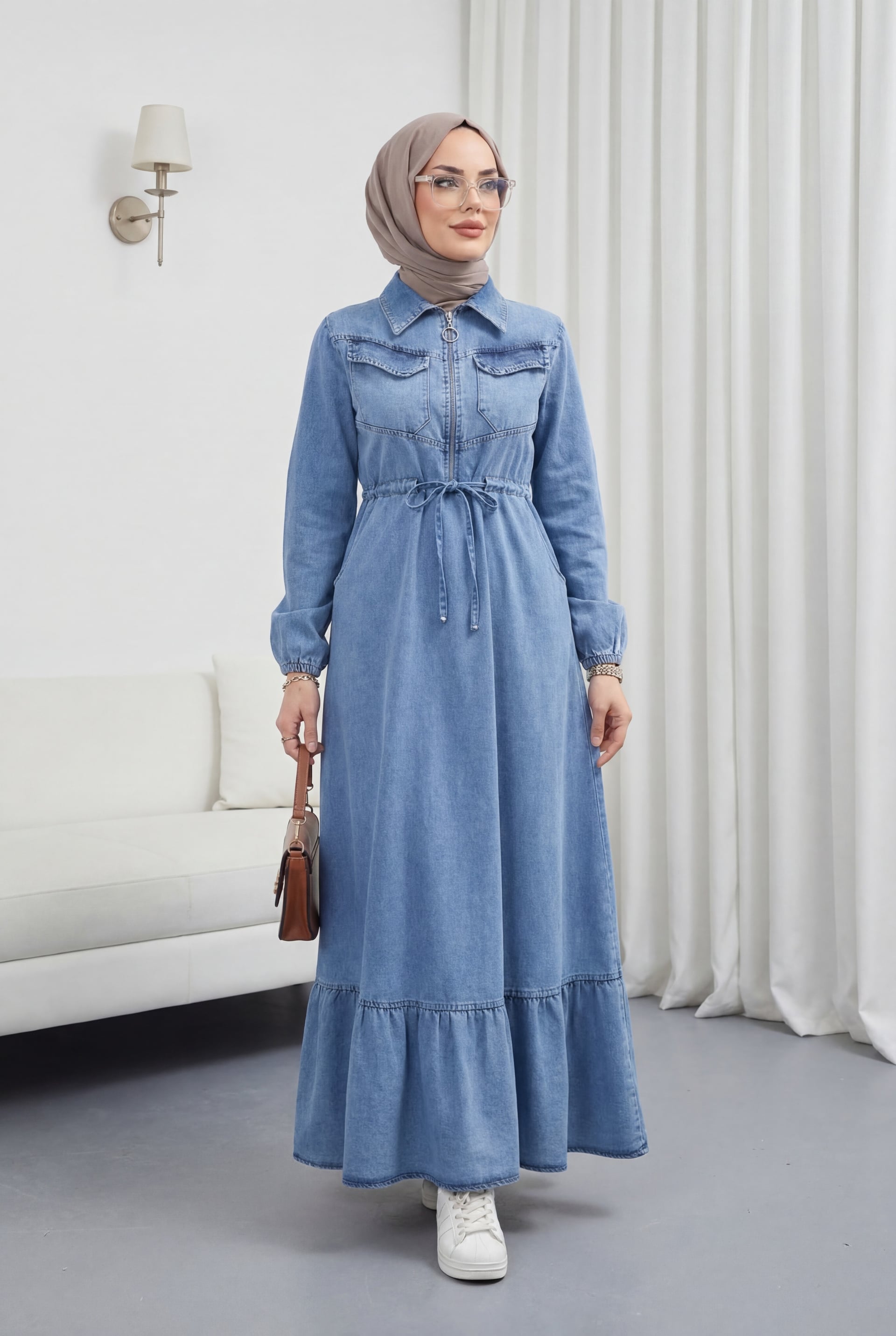 Half Zip Tunnel Lace Long Sleeve Denim Dress - Ice Blue - Podyumplus - by Peralane - photo 2