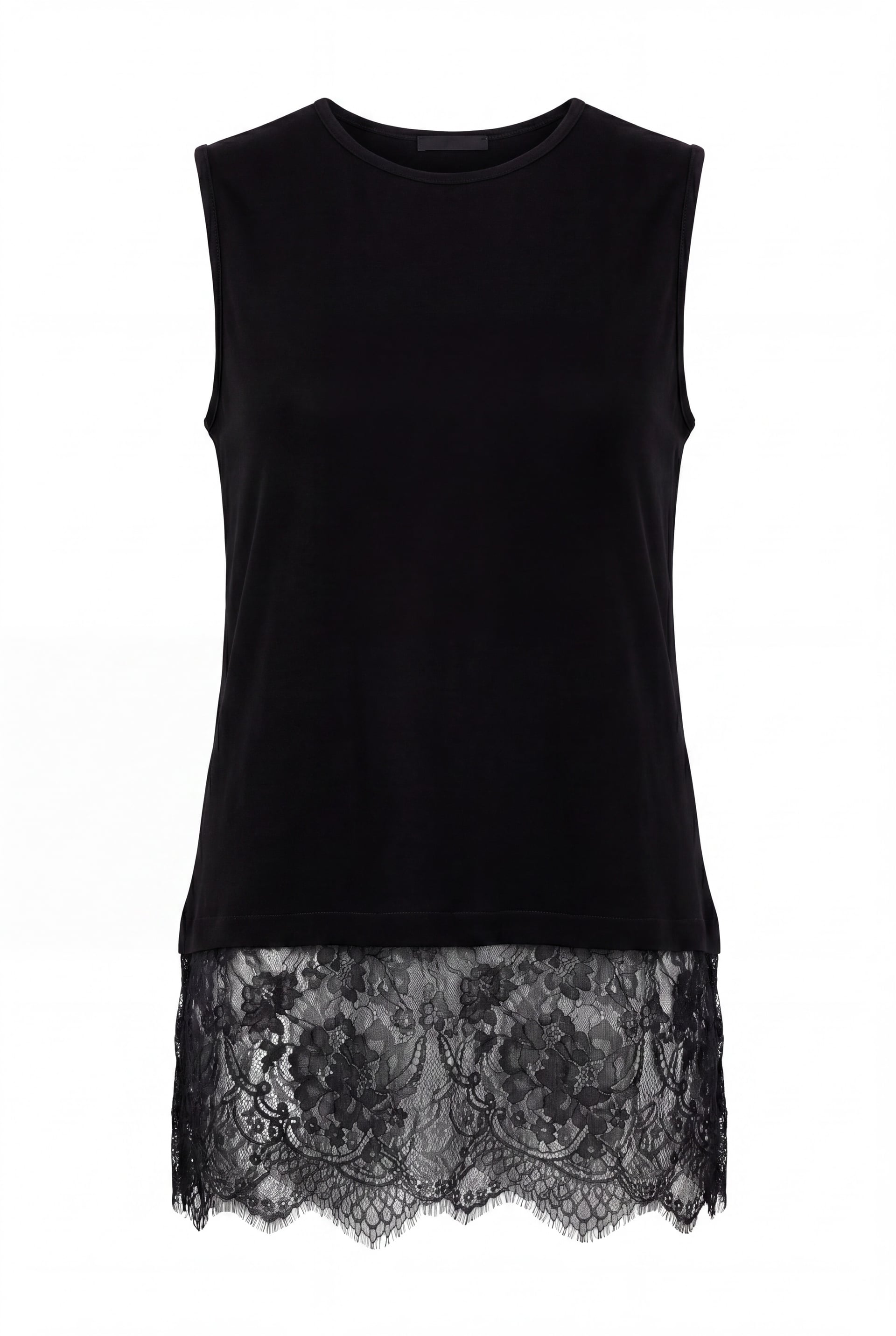 Black Sleeveless Lace Trimmed Crew Neck Knit Tunic - Podyumplus - by Peralane