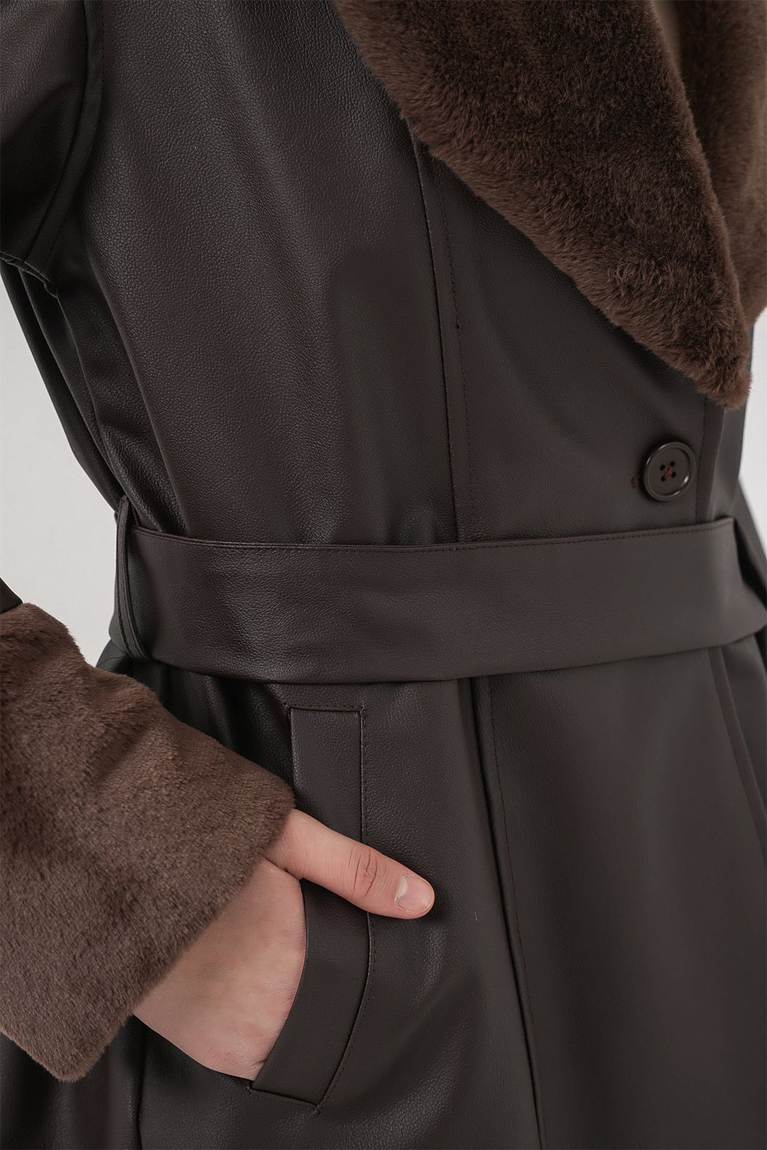 Faux Fur Collar Faux Leather Coat - Brown - Bigdart - by Peralane - photo 6