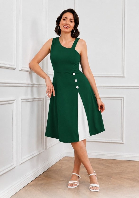 Women's Sleeveless Asymmetric Neckline Midi Dress with Buttons - Janes - by Peralane