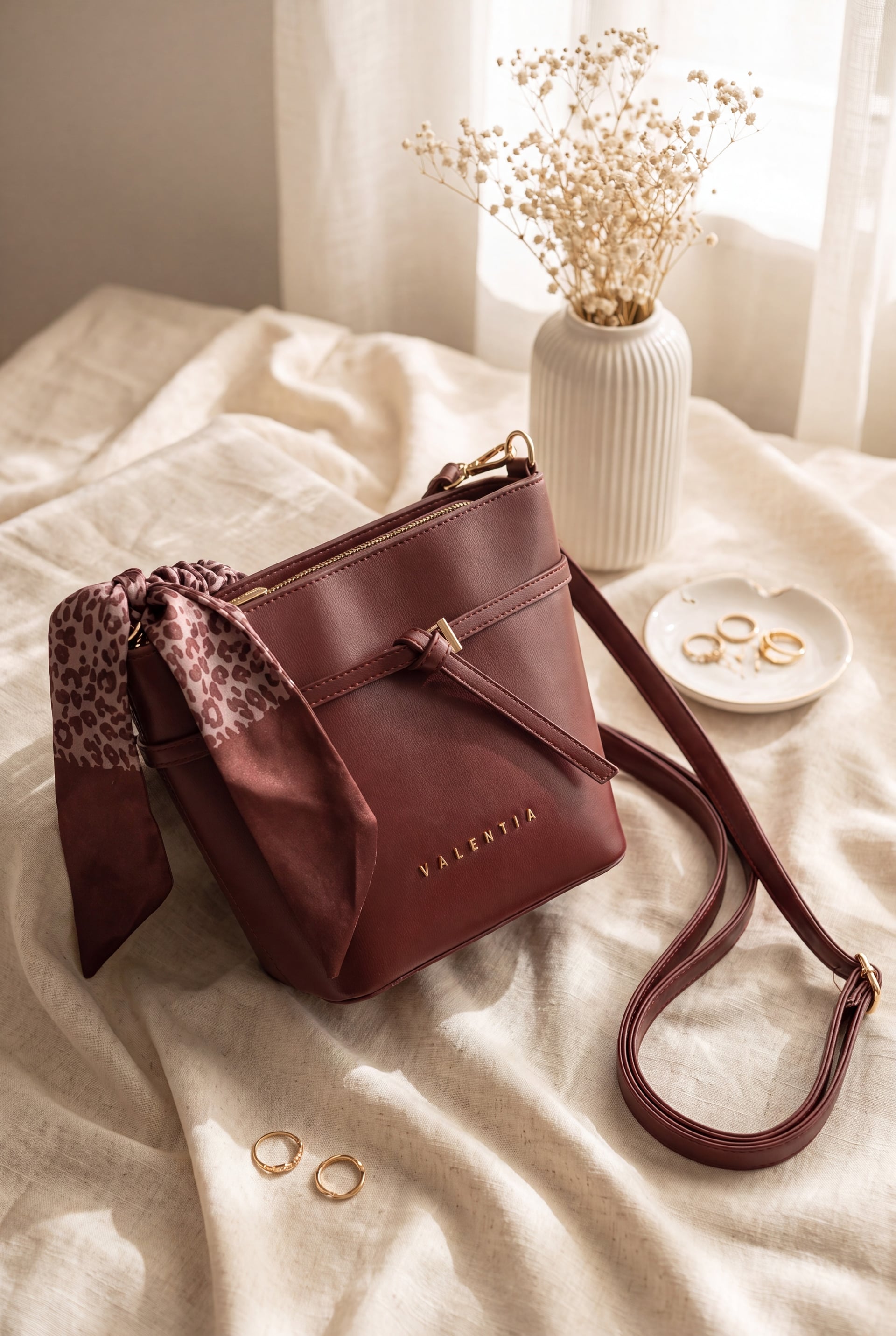 Burgundy Faux Leather Crossbody Bag with Belt and Scarf Detail - Podyumplus - by Peralane