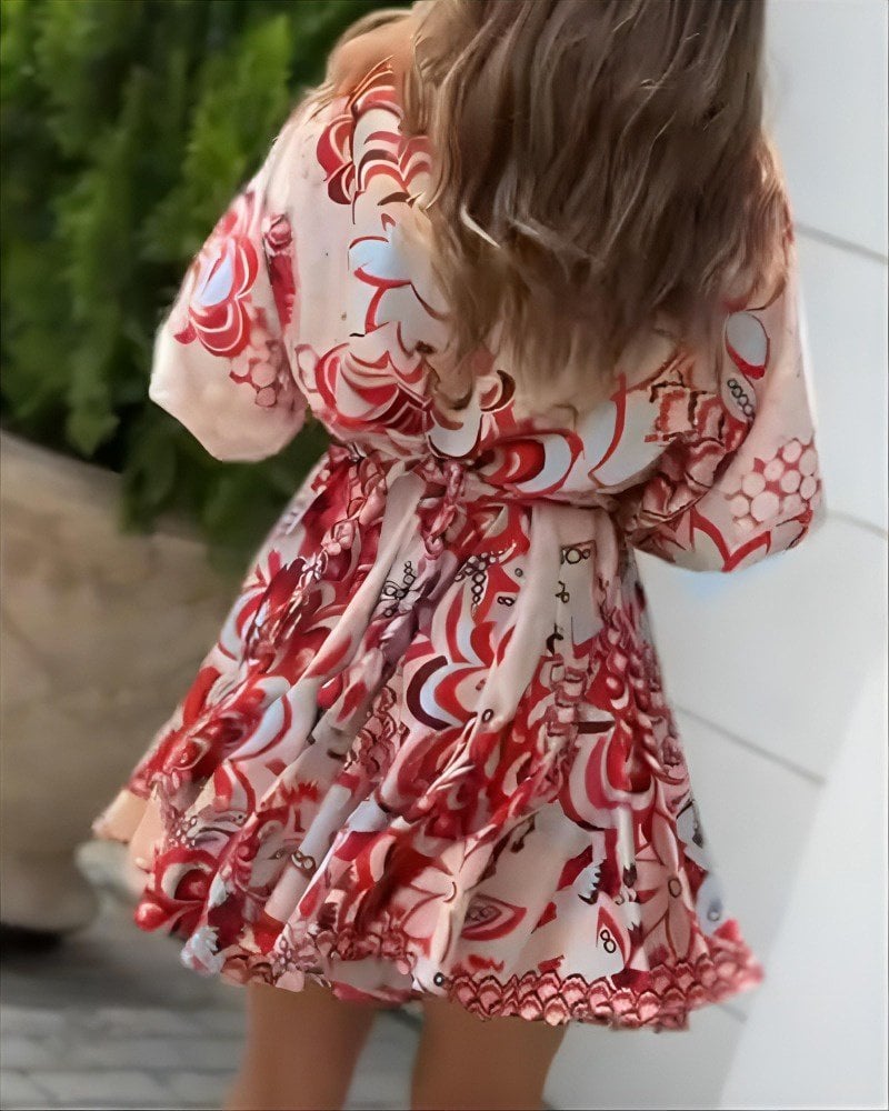 Women's Short Balloon Sleeve Round Neck Pleated Patterned Mini Dress - Janes - by Peralane - photo 7