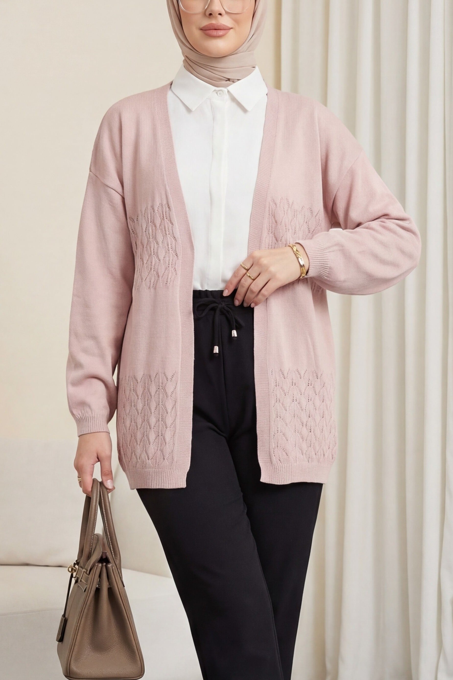 Araboy Open-Knit Cardigan - Powder Pink - Podyumplus - by Peralane