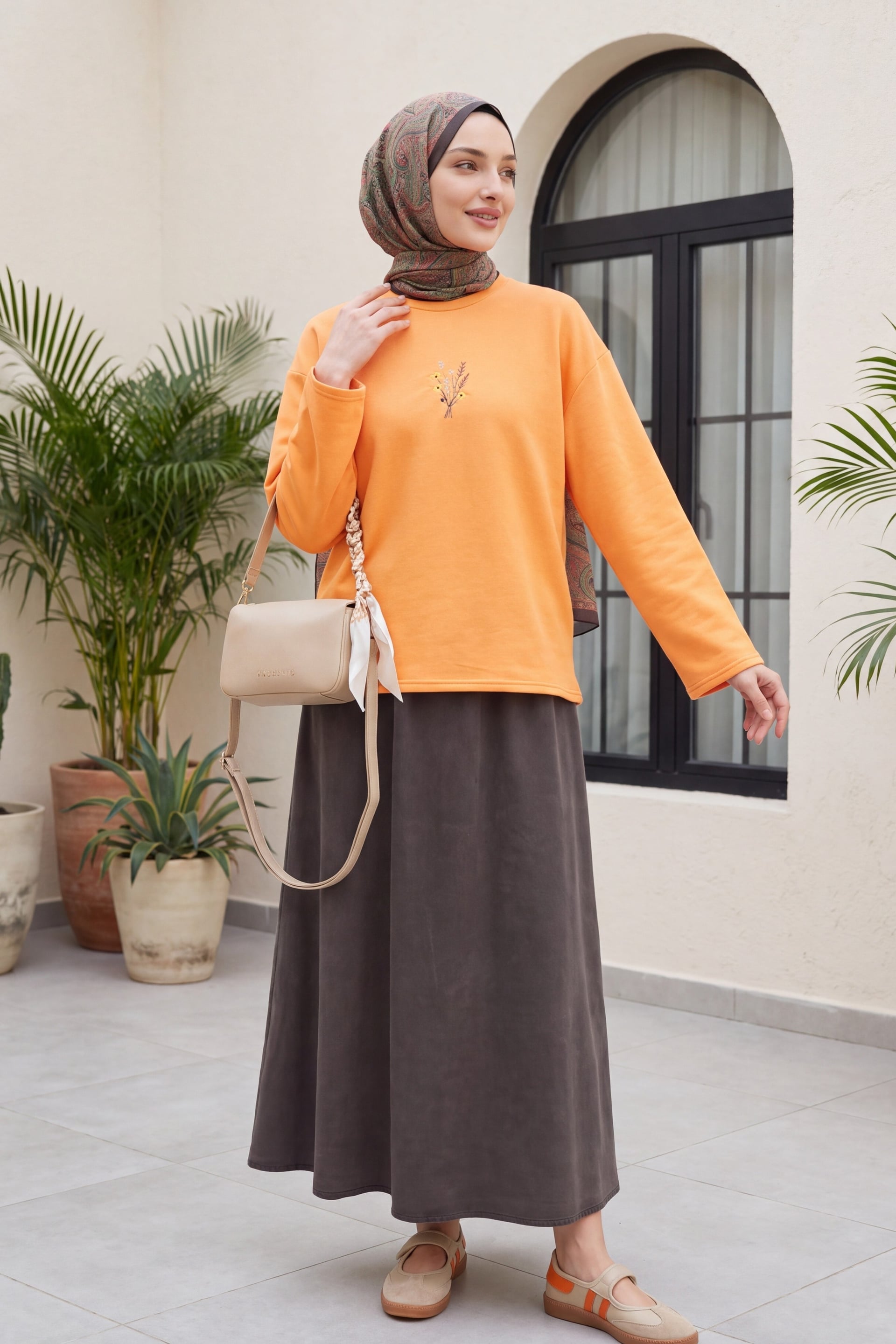 Orange Floral Embroidered Crew Neck Oversize Sweatshirt - Podyumplus - by Peralane - photo 5
