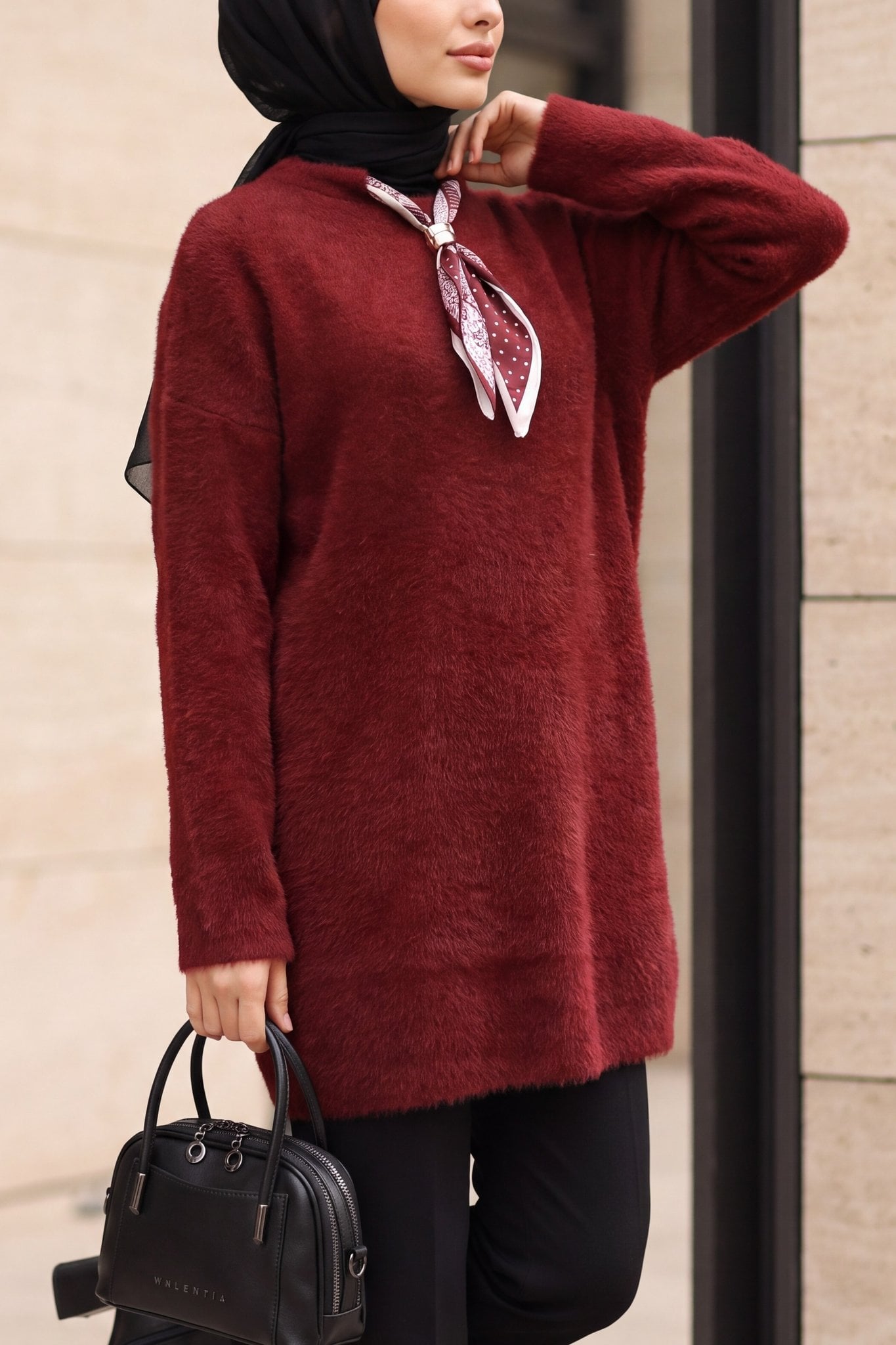 Crewneck Tunic Sweatshirt with Scarf Detail - Burgundy - Podyumplus - by Peralane