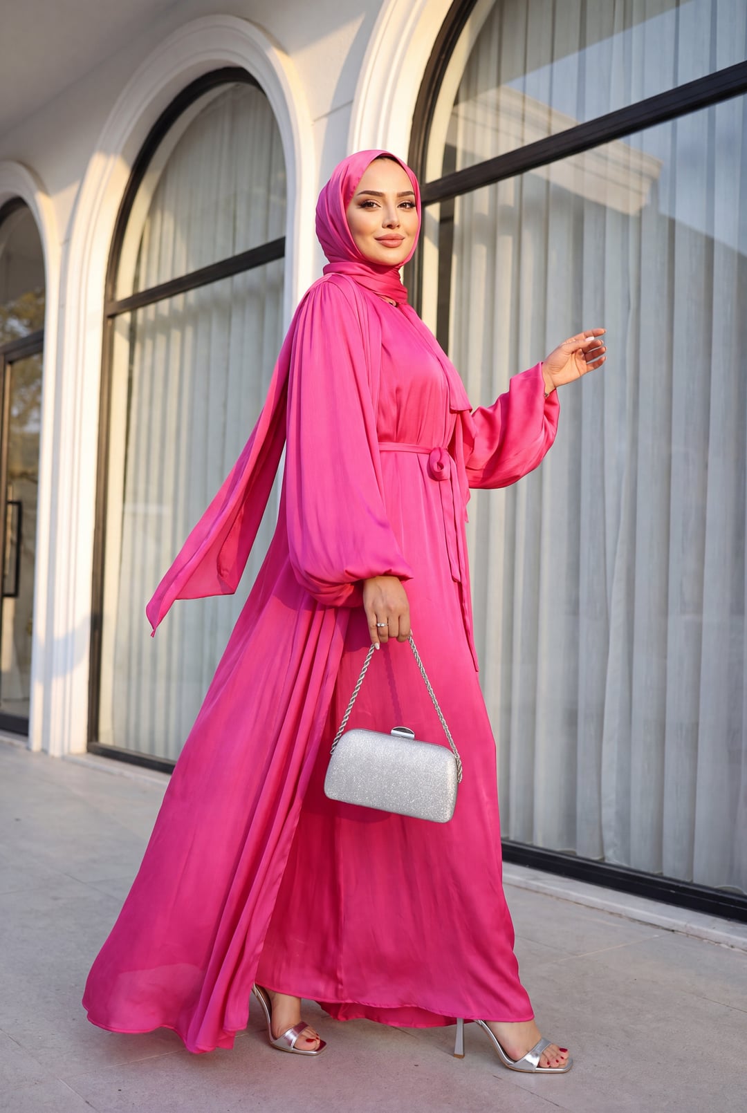 Krinkl Silk Satin 3-Piece Abaya Set - Fuchsia - Podyumplus - by Peralane - photo 2