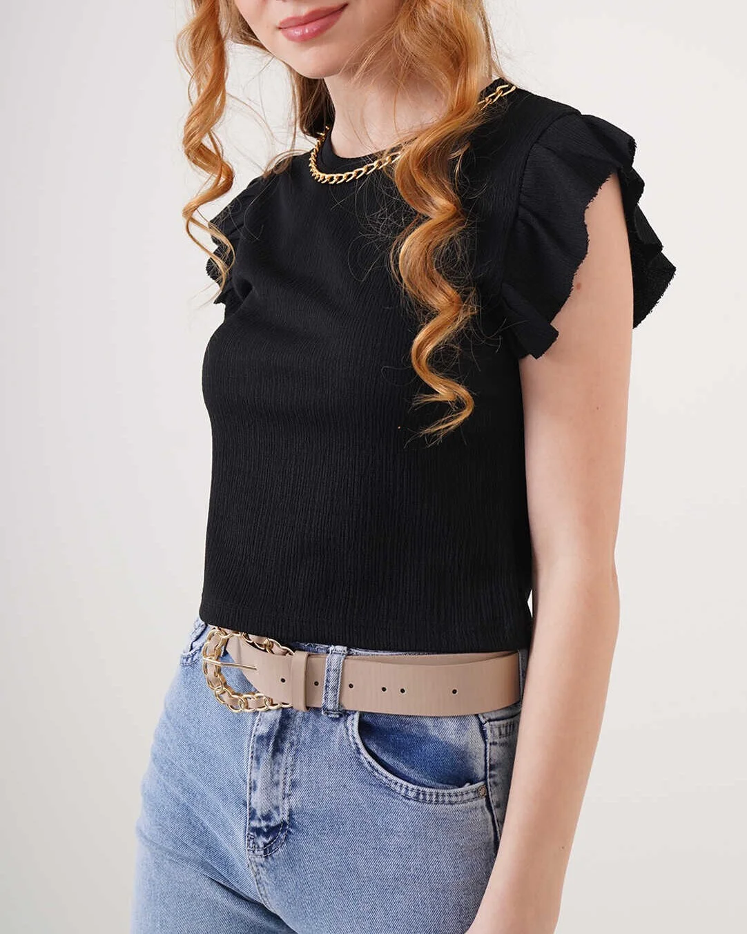 Black Ribbed Knit Blouse with Ruffled Cap Sleeves - Bigdart - by Peralane - photo 2